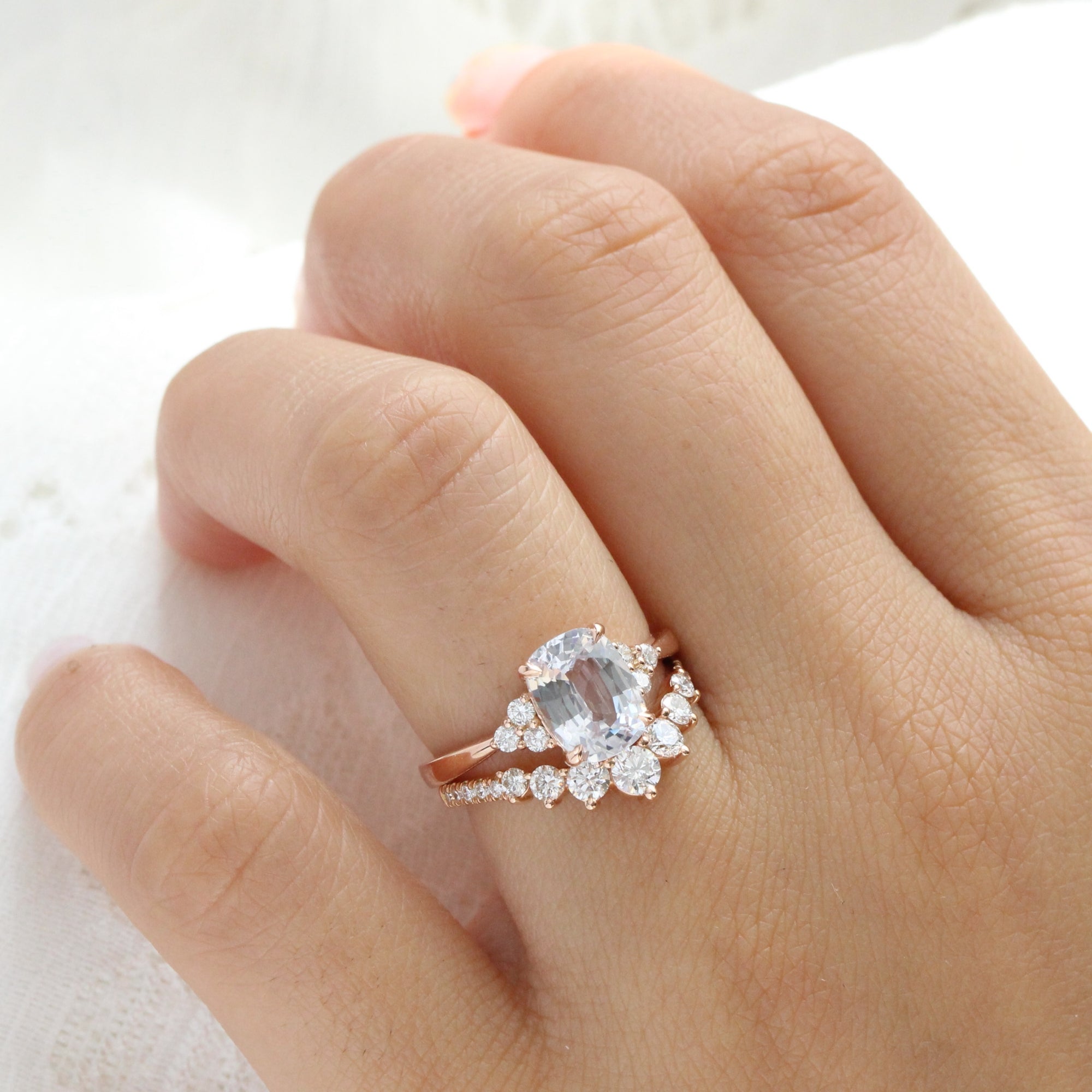 cushion cut white sapphire ring rose gold 3 stone diamond ring la more design jewelry