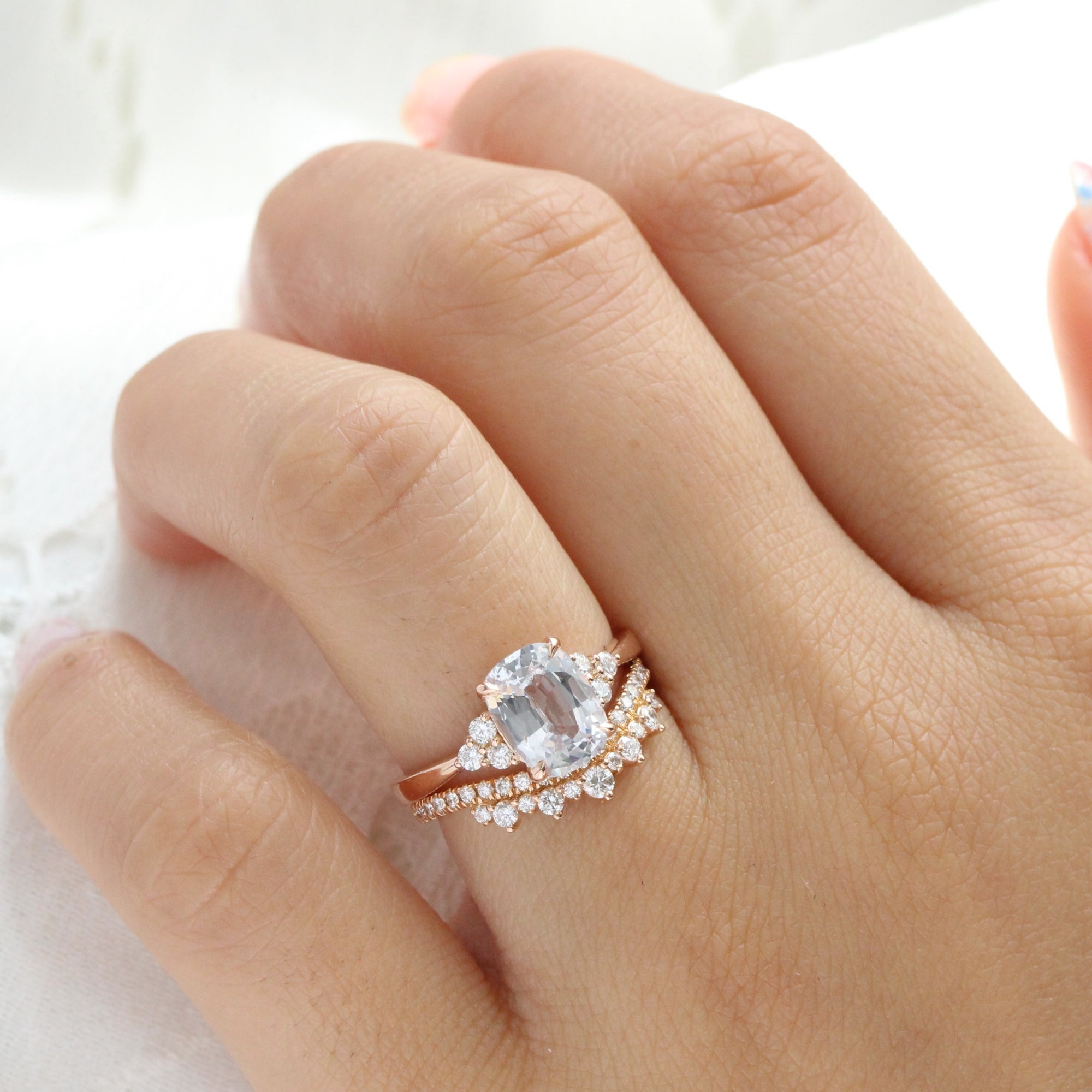 cushion cut white sapphire ring rose gold 3 stone diamond ring la more design jewelry