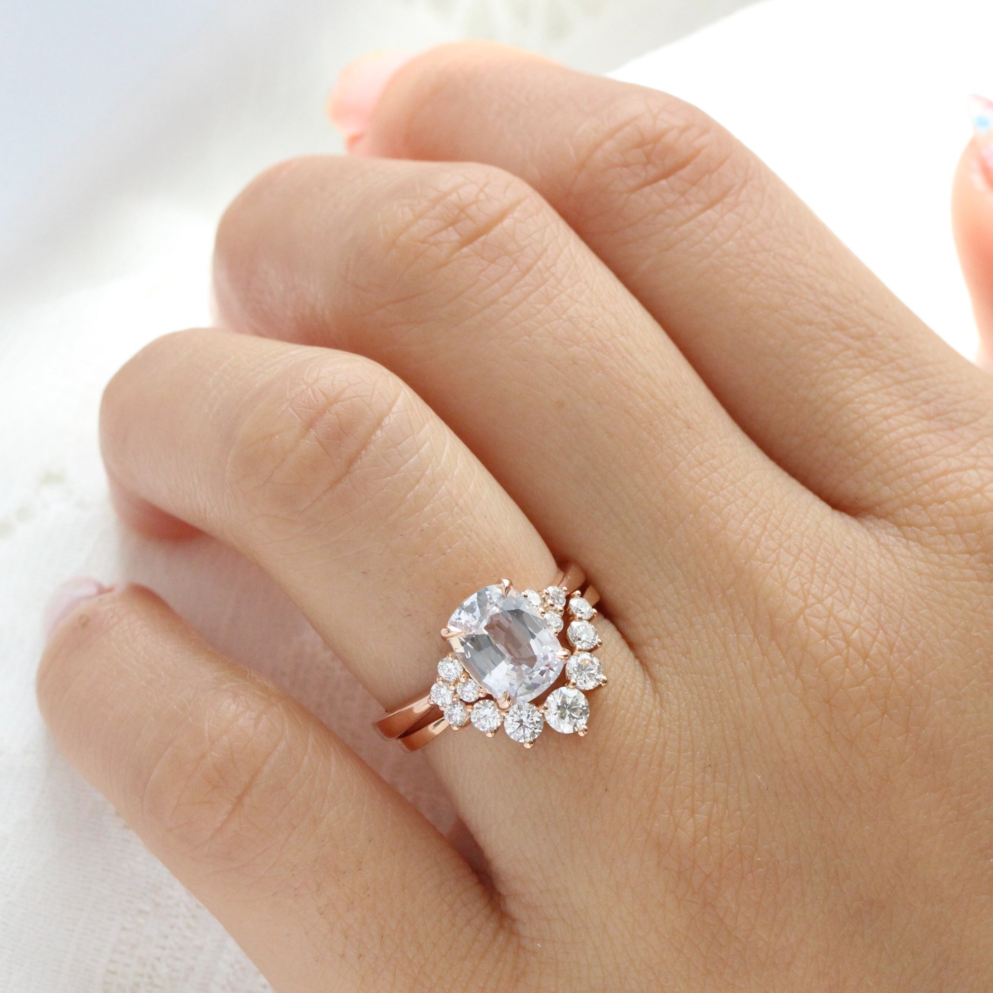 cushion cut white sapphire ring rose gold 3 stone diamond ring la more design jewelry