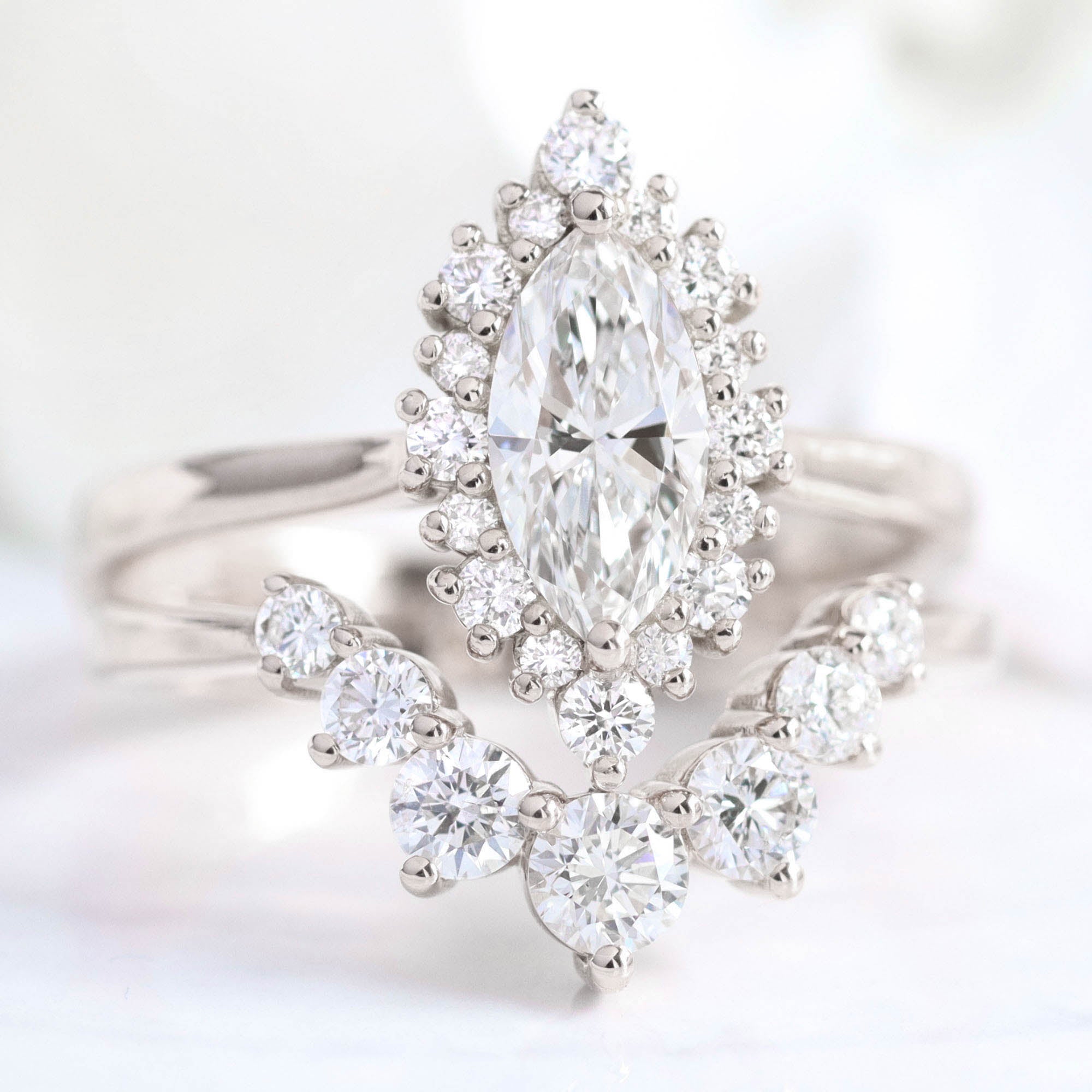 lab diamond ring bridal set white gold marquise diamond halo engagement ring La More Design Jewelry