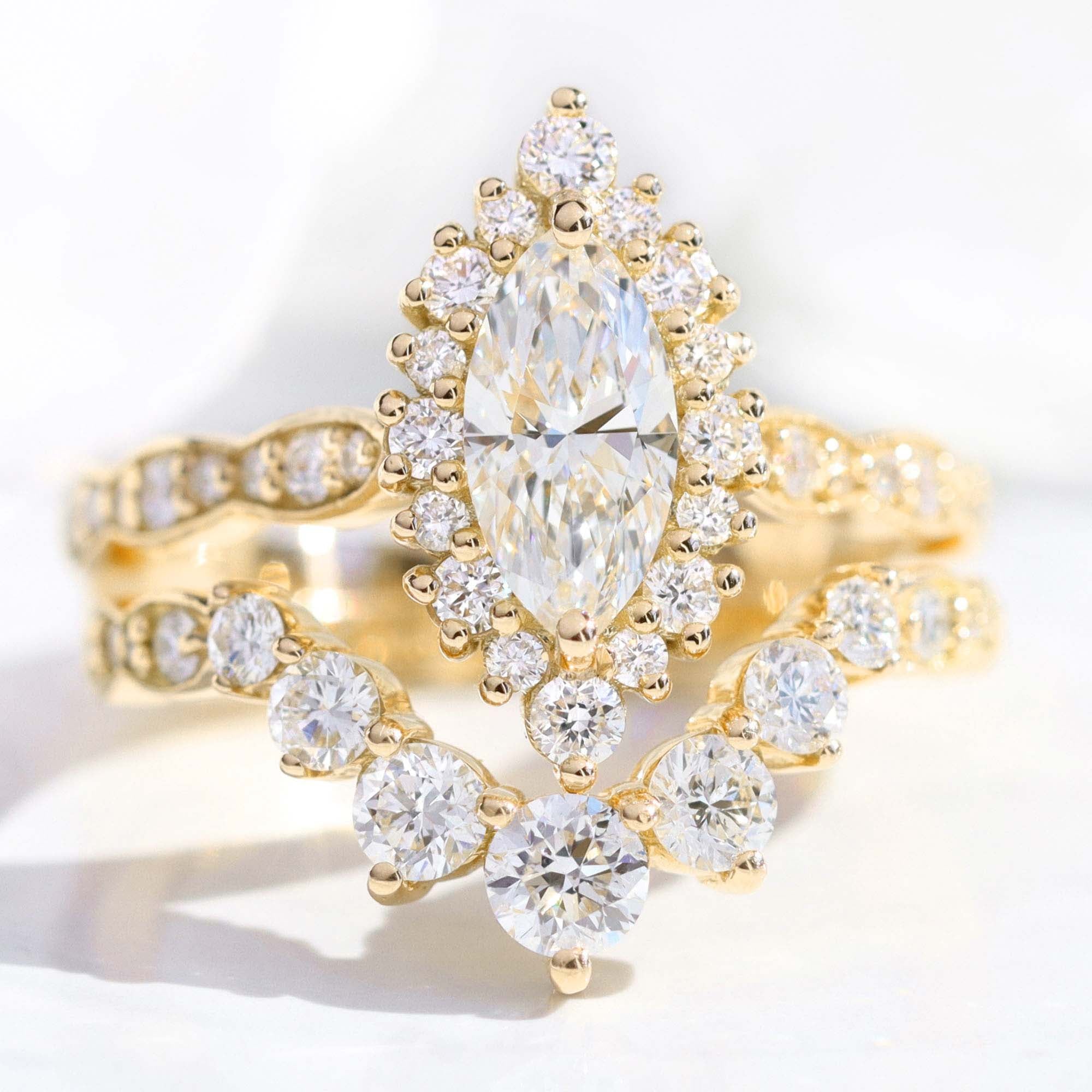 lab diamond ring bridal set yellow gold marquise diamond halo engagement ring La More Design Jewelry