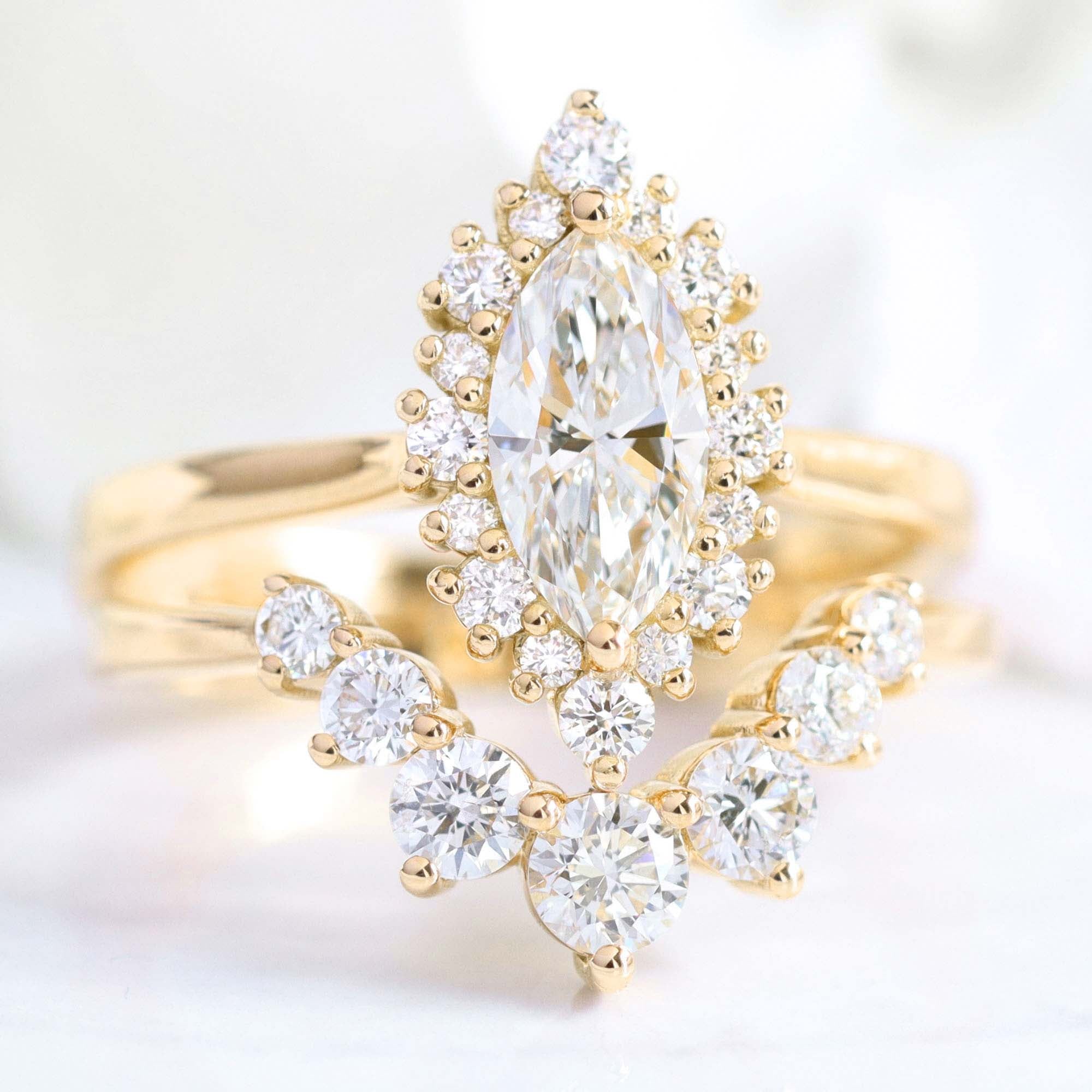 lab diamond ring bridal set yellow gold marquise diamond halo engagement ring La More Design Jewelry