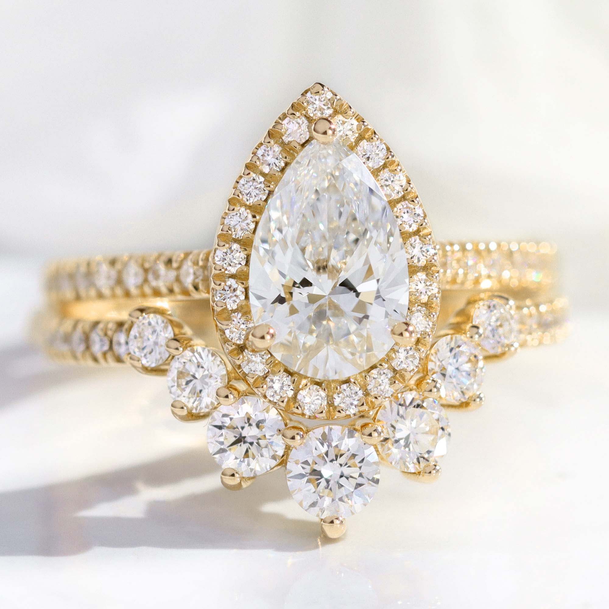 lab diamond ring bridal set yellow gold pear diamond halo engagement ring La More Design Jewelry