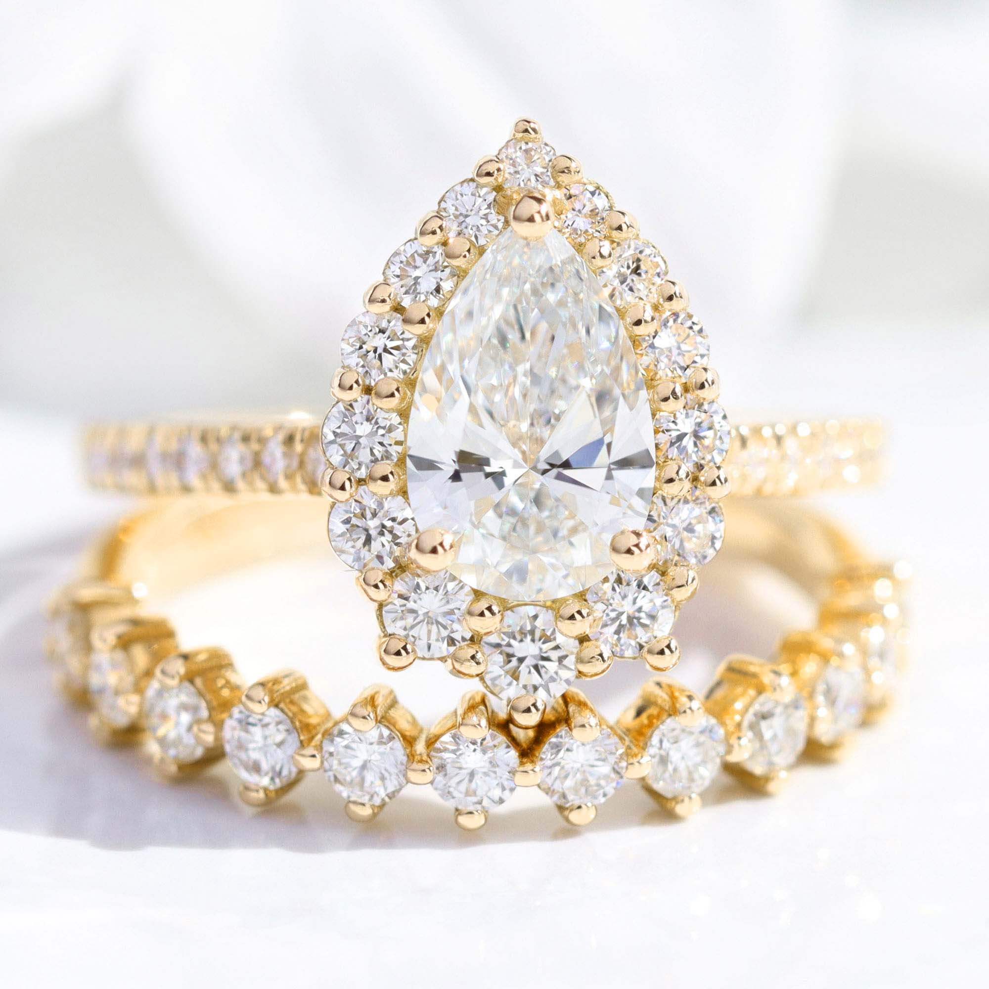 lab diamond ring bridal set yellow gold pear diamond halo engagement ring La More Design Jewelry