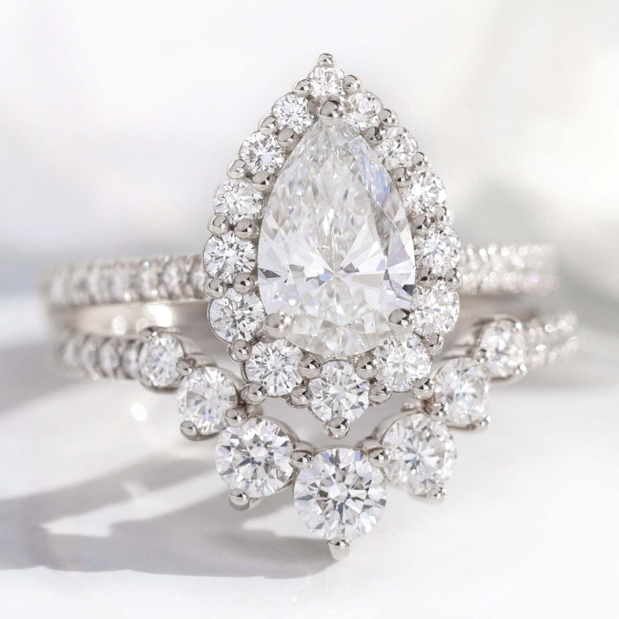 lab diamond ring stack white gold pear diamond halo engagement ring set La More Design Jewelry