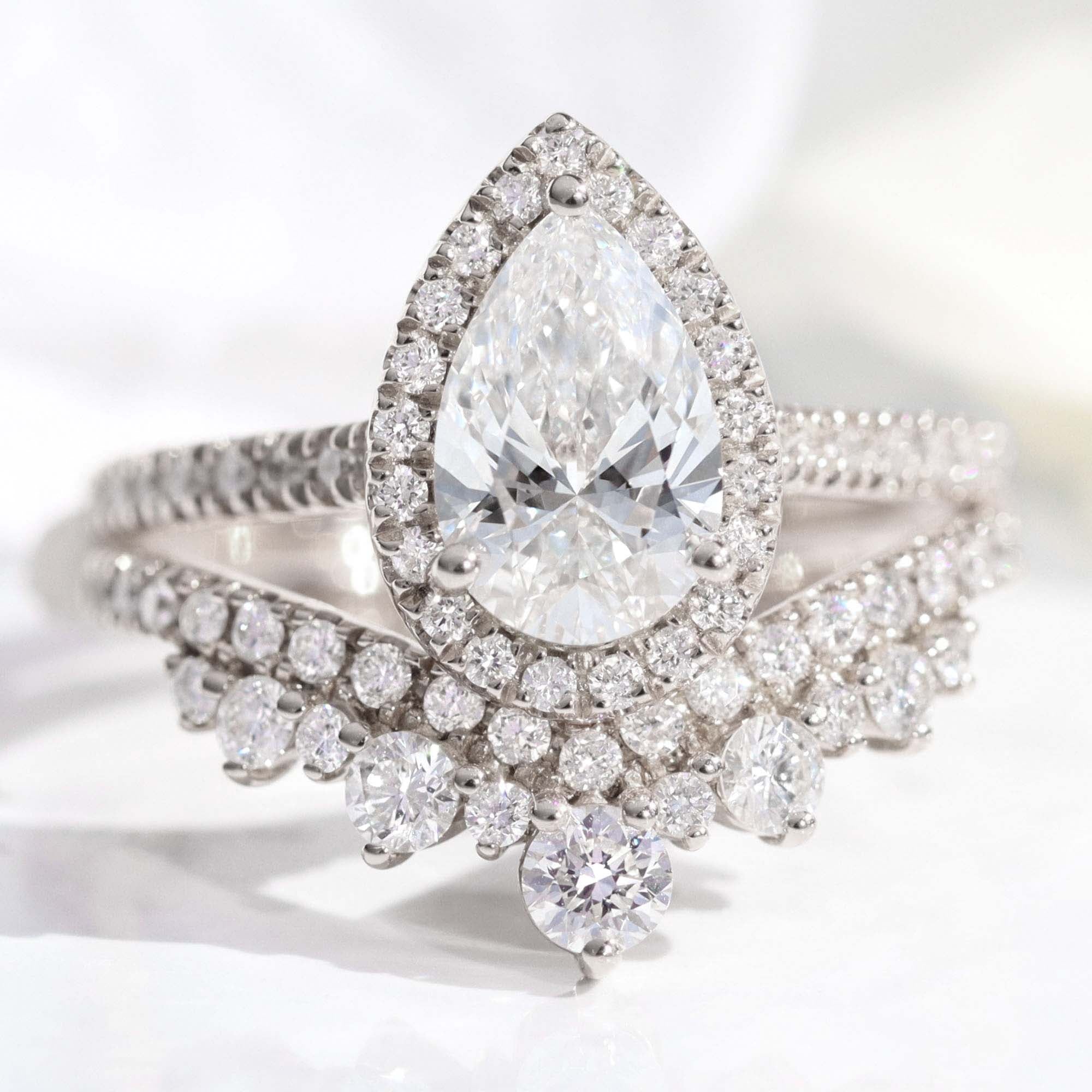 lab diamond ring stack white gold pear diamond halo engagement ring set La More Design Jewelry