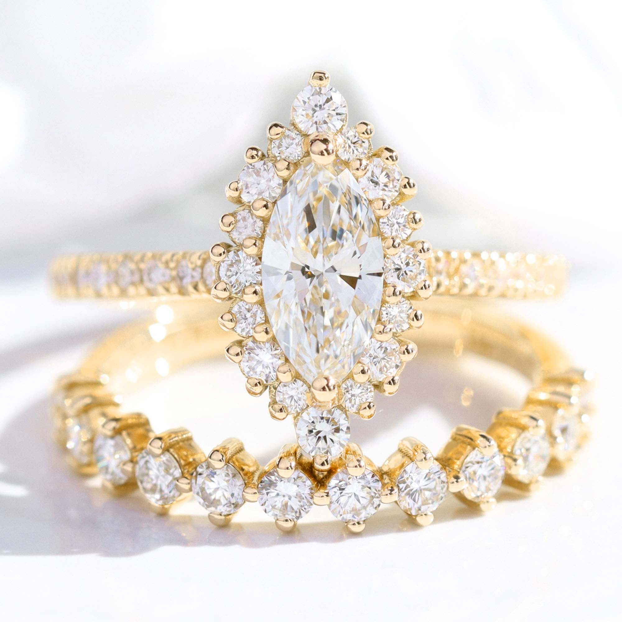 lab diamond ring stack yellow gold marquise diamond halo engagement ring set La More Design Jewelry