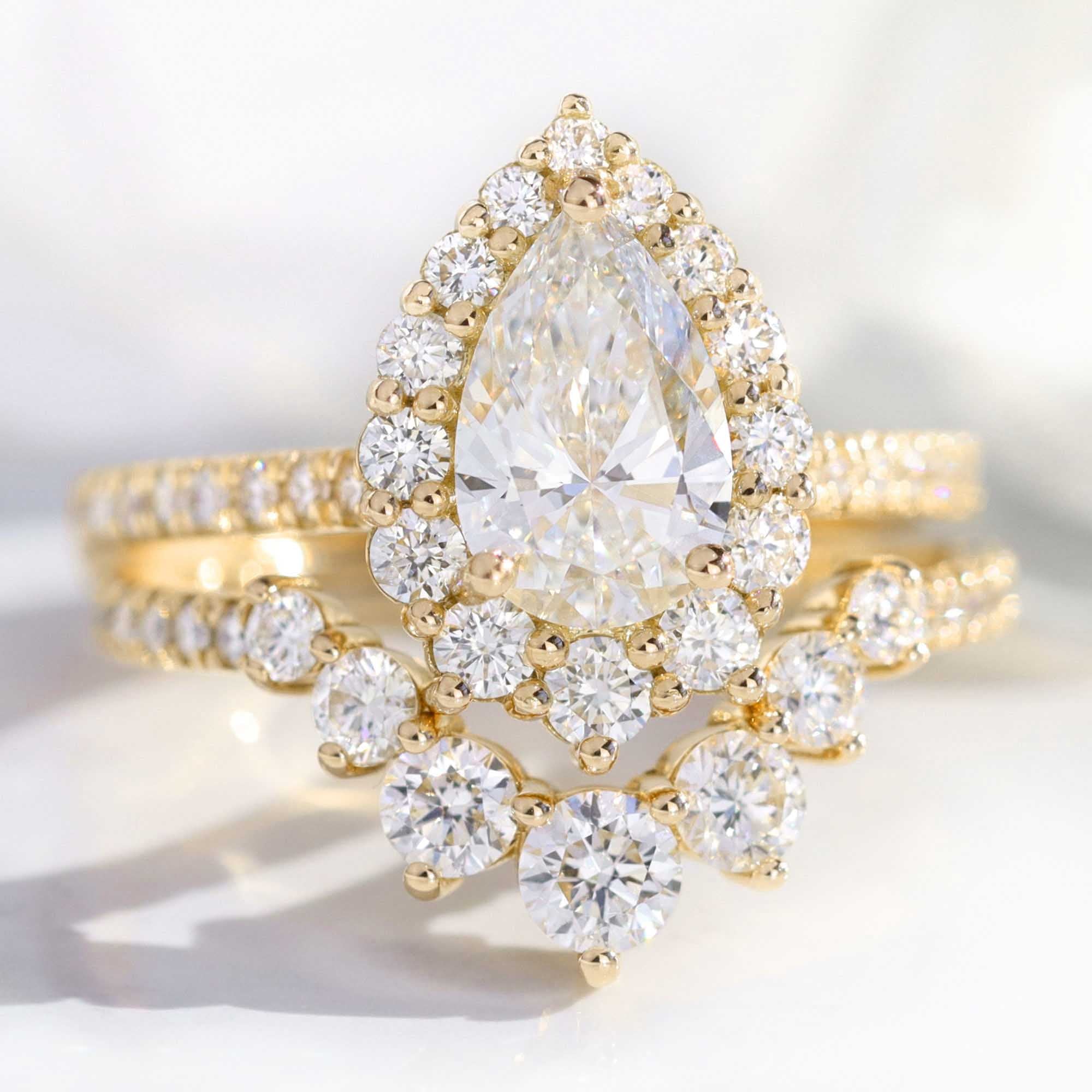 lab diamond ring stack yellow gold pear diamond halo engagement ring set La More Design Jewelry