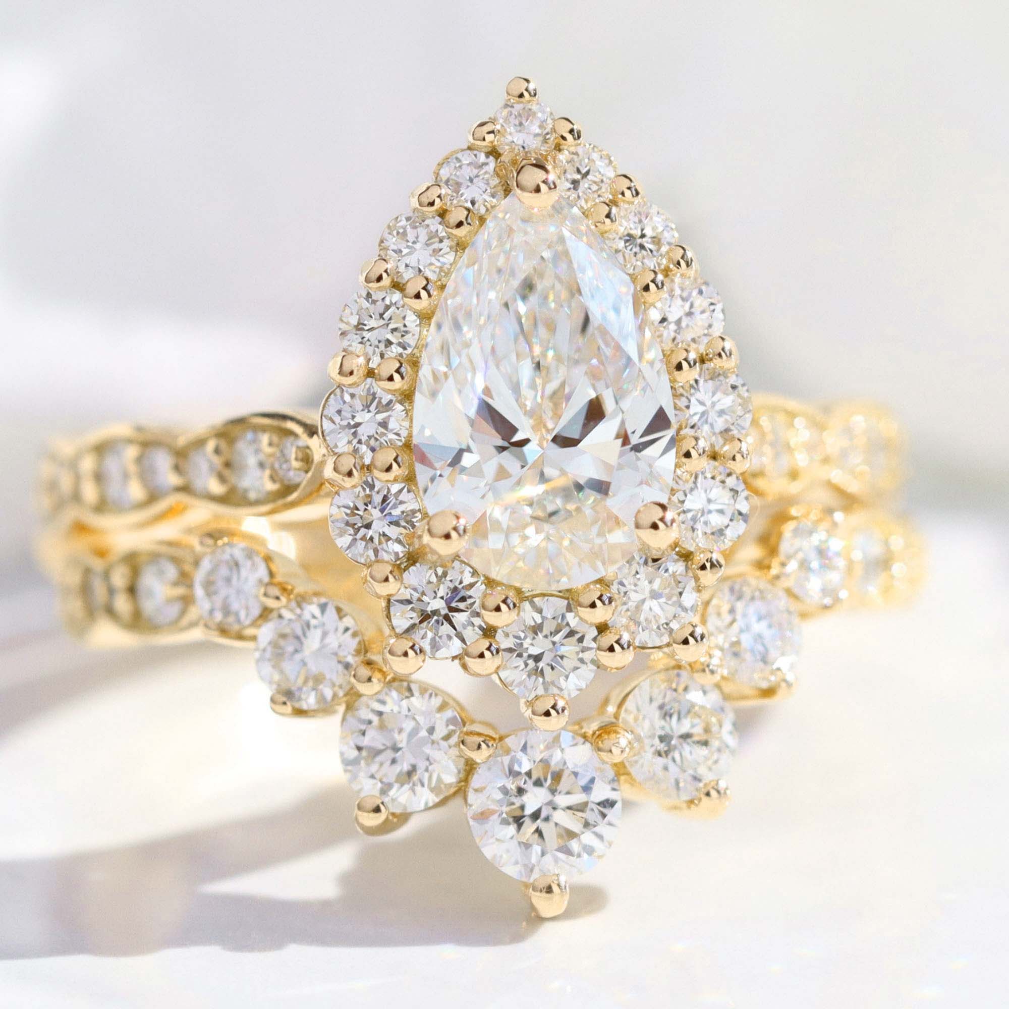 lab diamond ring stack yellow gold pear diamond halo engagement ring set La More Design Jewelry