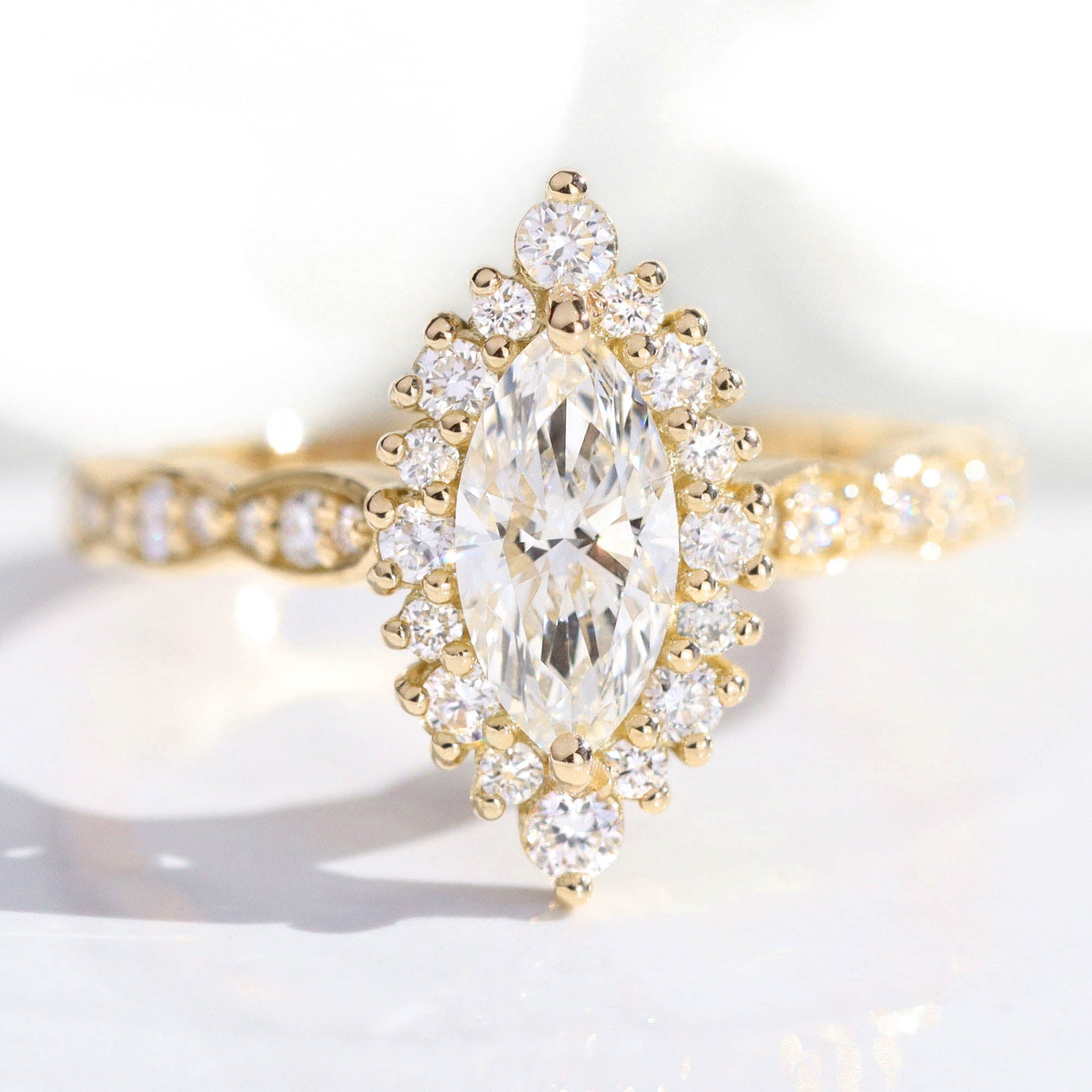 lab diamond ring yellow gold marquise diamond halo engagement ring La More Design Jewelry