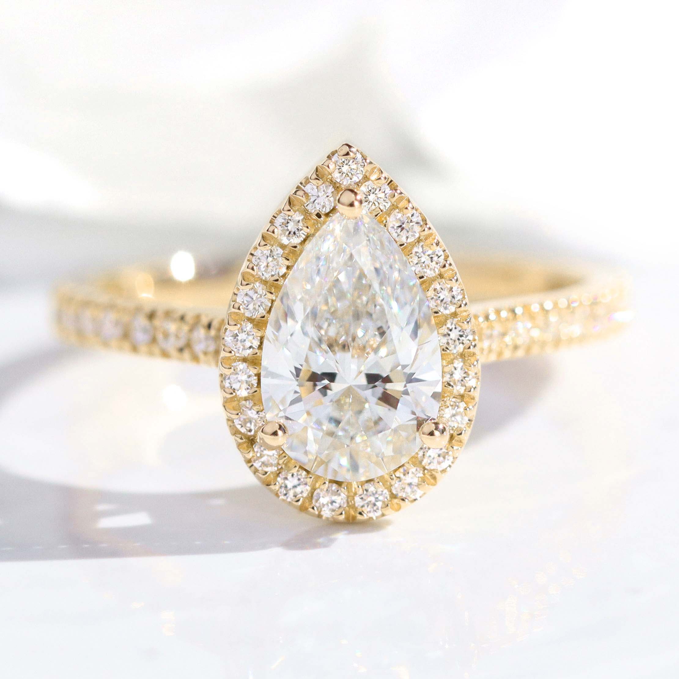 lab diamond ring yellow gold pear diamond halo engagement ring La More Design Jewelry