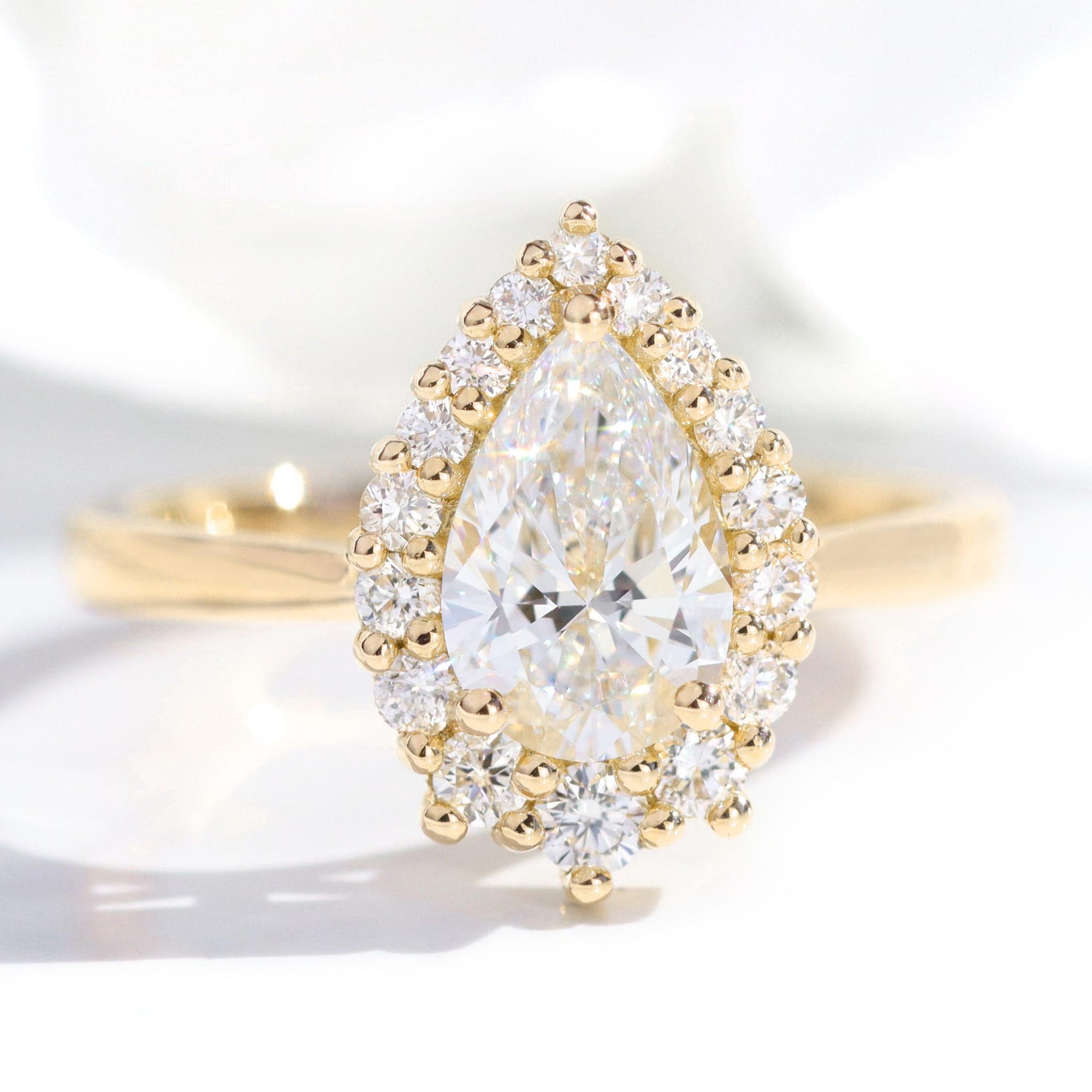 lab diamond ring yellow gold pear diamond halo engagement ring La More Design Jewelry