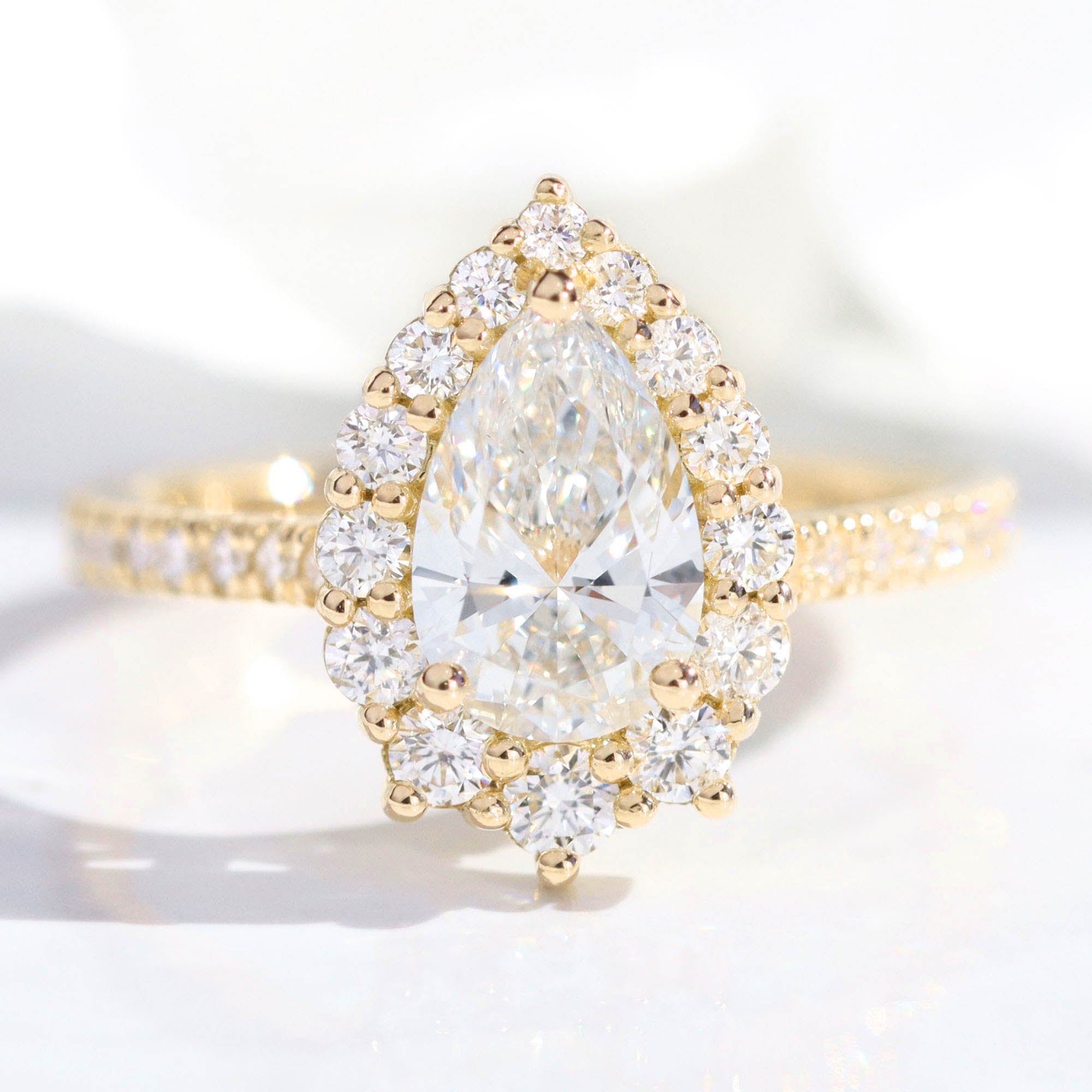 lab diamond ring yellow gold pear diamond halo engagement ring La More Design Jewelry