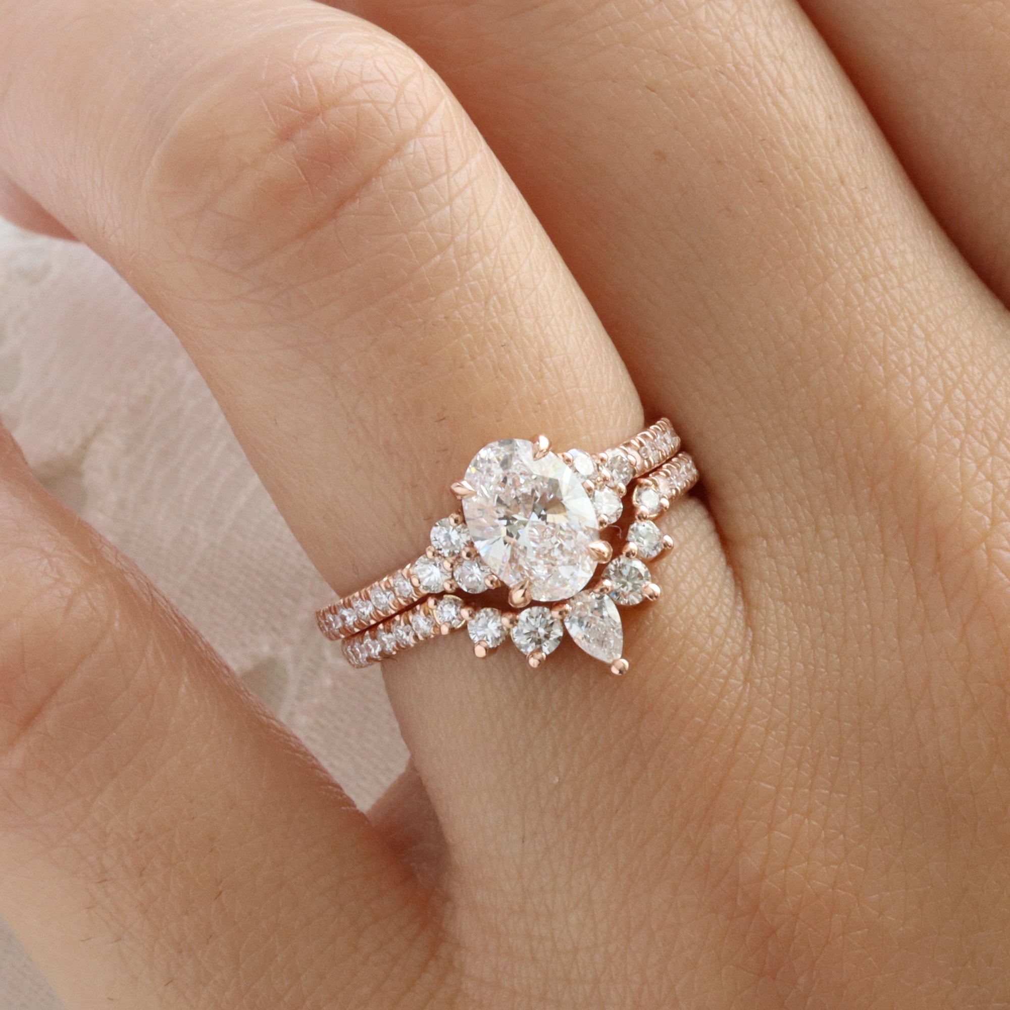 lab grown diamond 3 stone ring bridal set rose gold U shaped diamond wedding band la more design jewelry