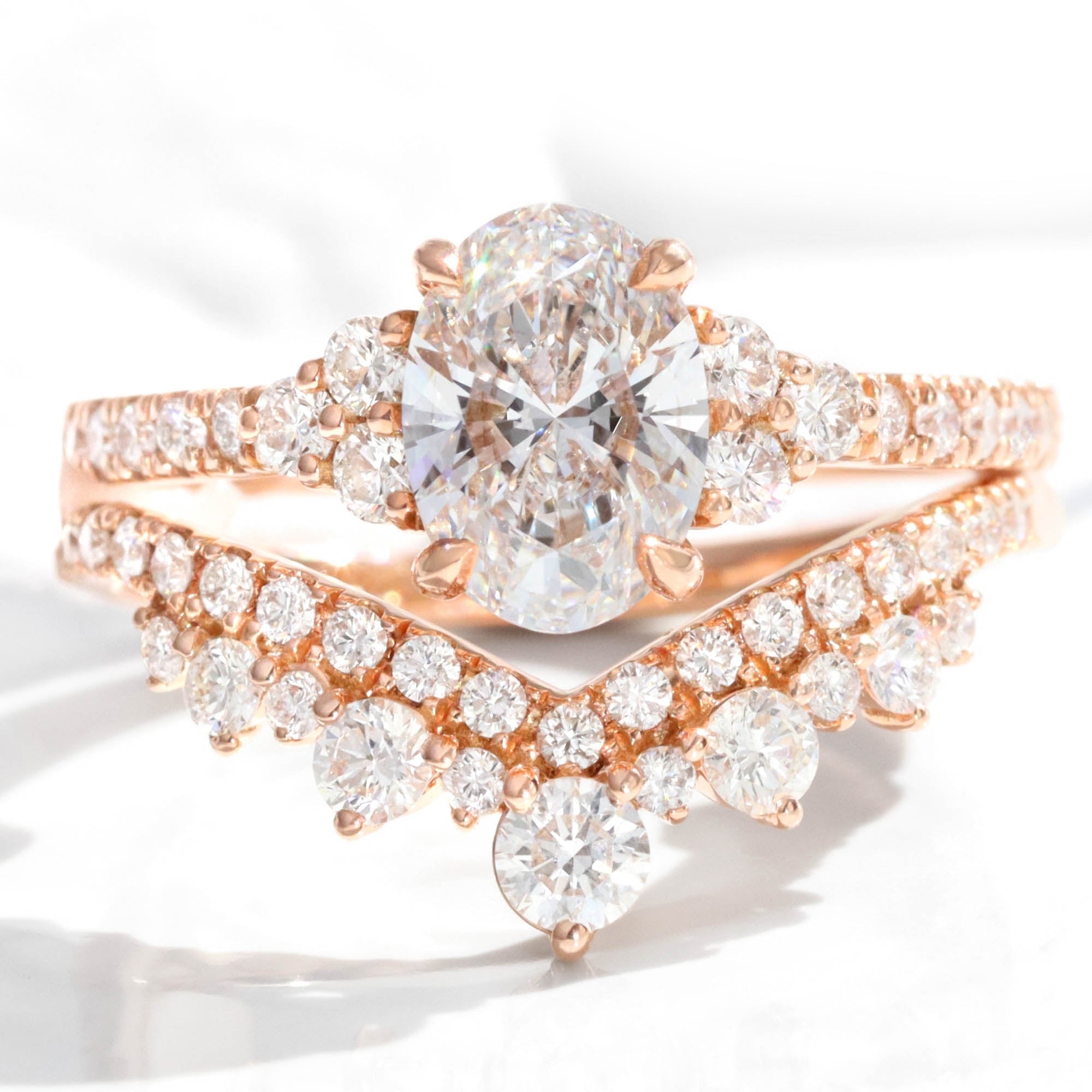 lab grown diamond 3 stone ring bridal set rose gold U shaped diamond wedding band la more design jewelry