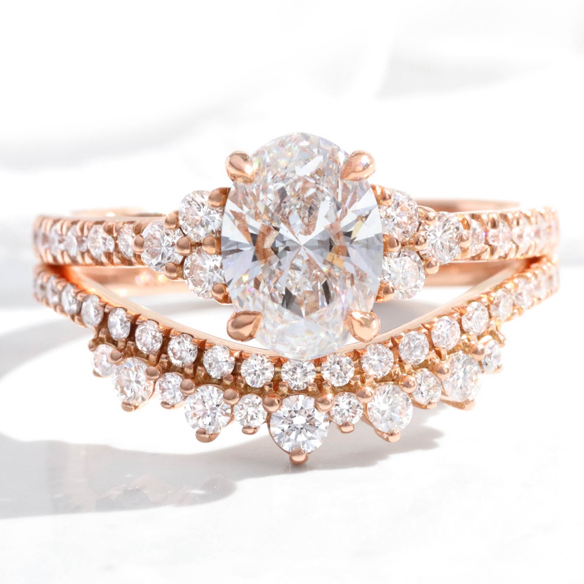 lab grown diamond 3 stone ring bridal set rose gold U shaped diamond wedding band la more design jewelry