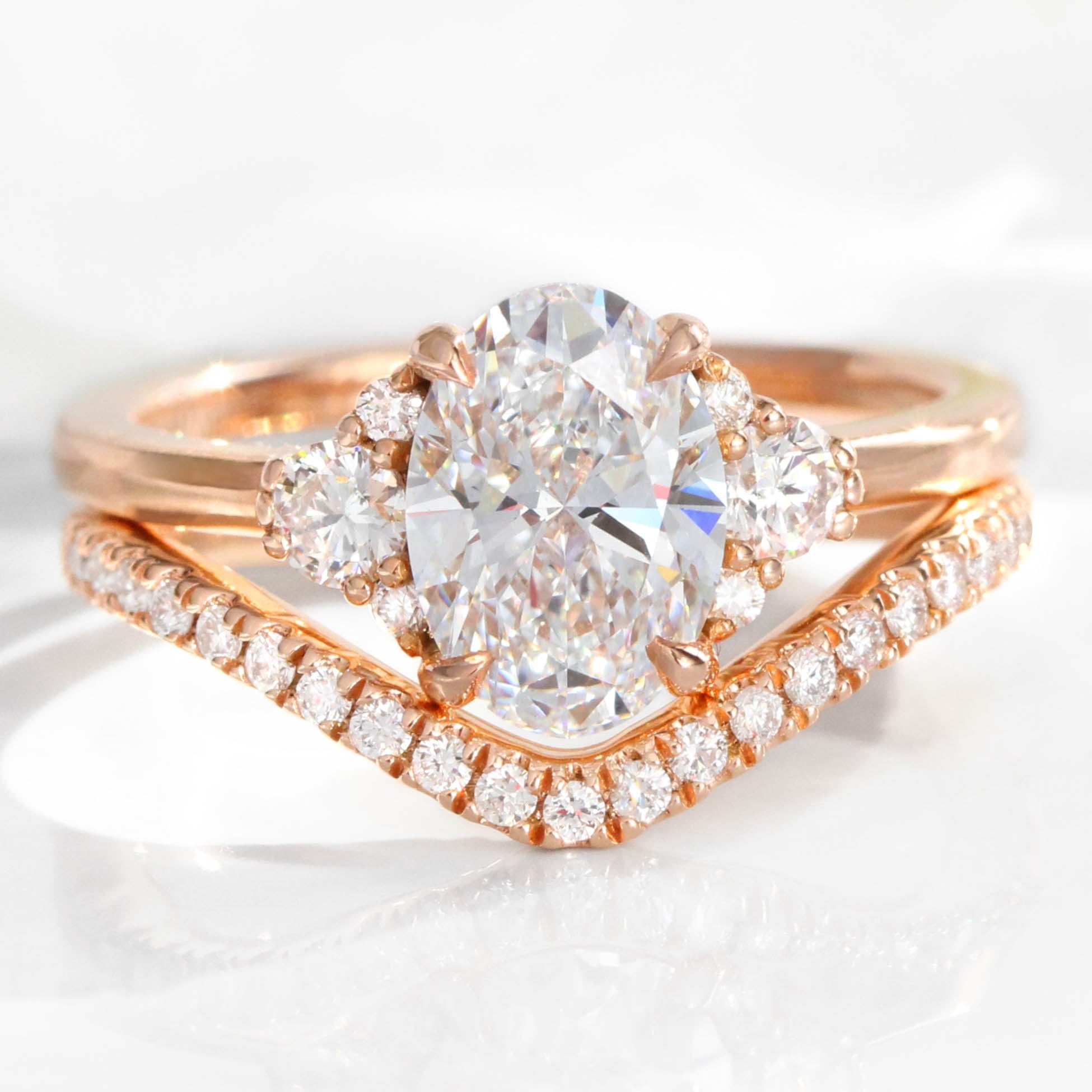 large oval lab diamond 3 stone ring bridal set rose gold curved diamond ring stack la more design jewelry