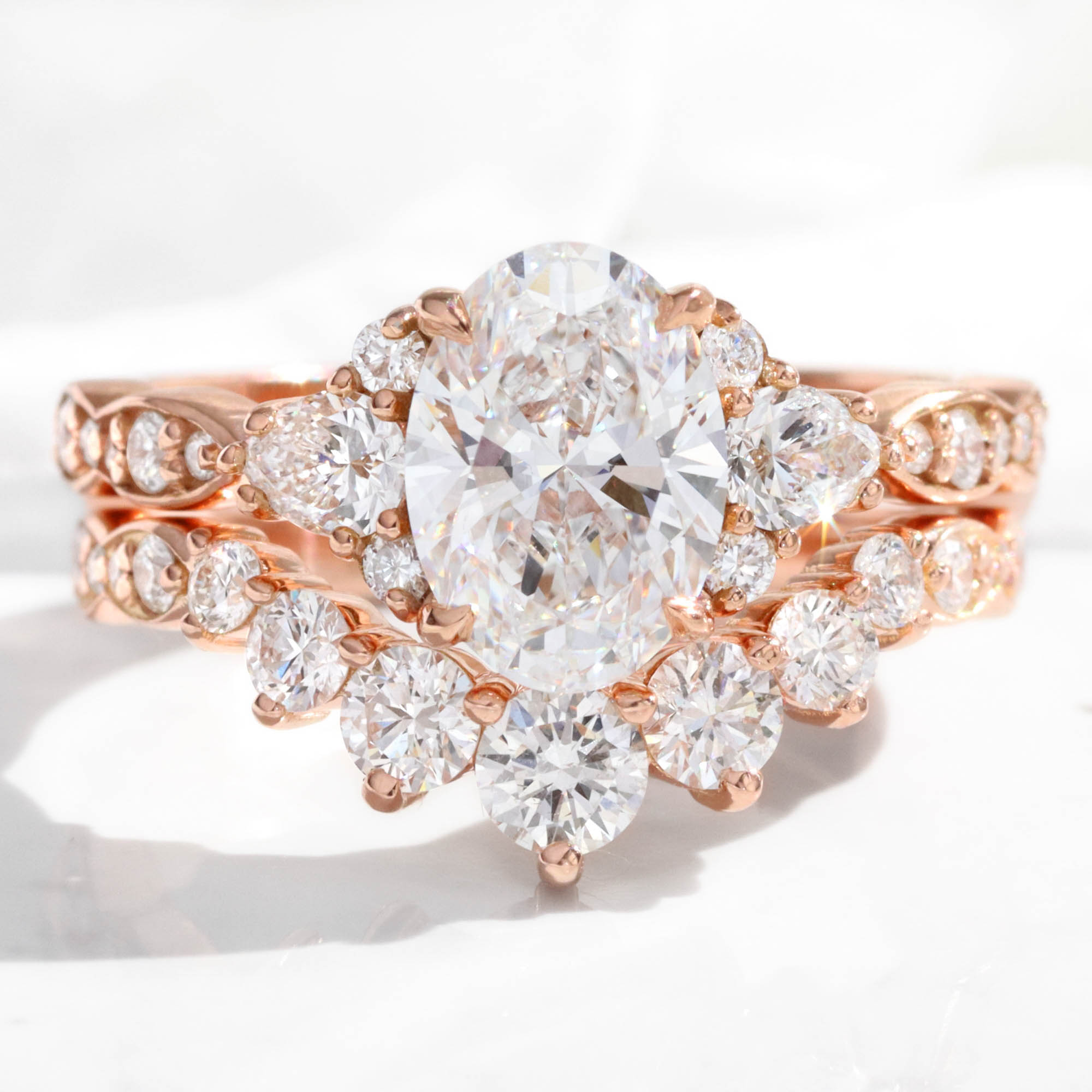 large oval lab diamond 3 stone engagement ring stack rose gold contour diamond ring bridal set la more design jewelry