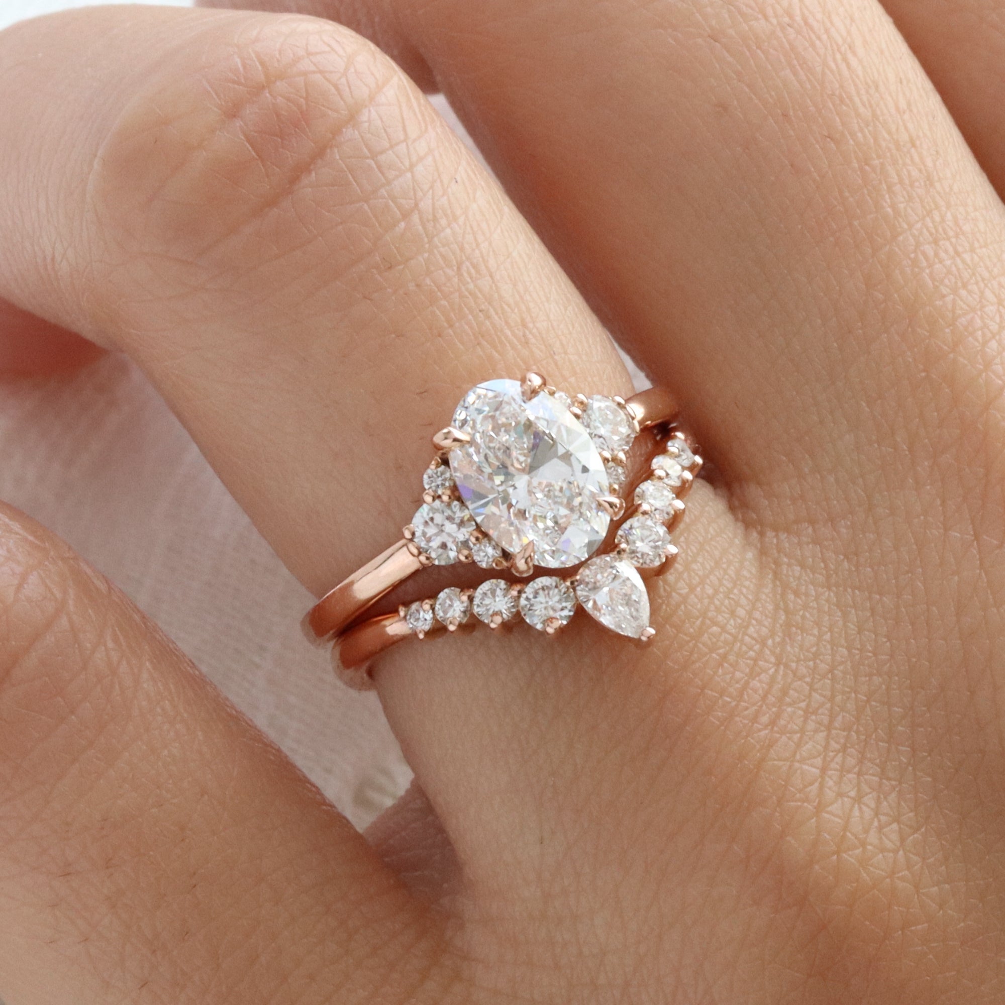 large oval lab diamond 3 stone ring bridal set rose gold curved diamond ring stack la more design jewelry