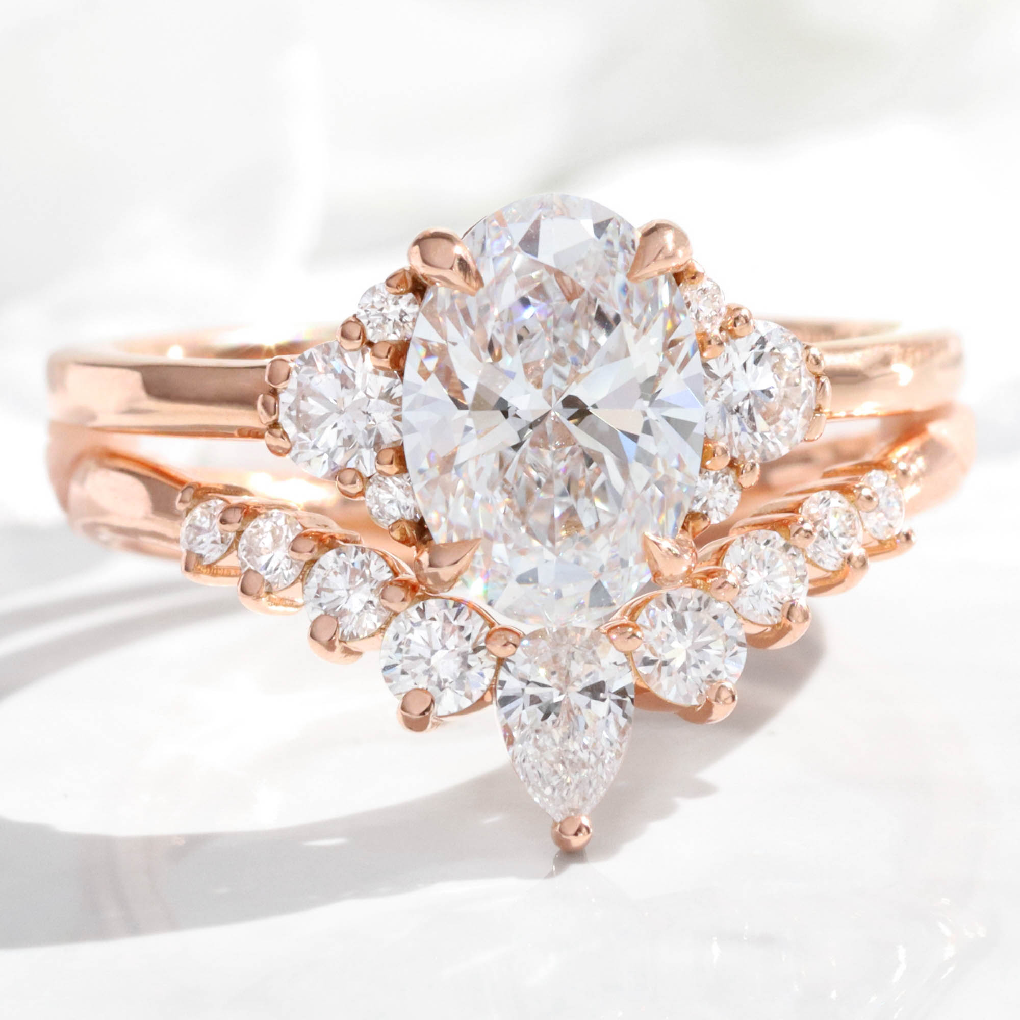 large oval lab diamond 3 stone ring bridal set rose gold curved diamond ring stack la more design jewelry