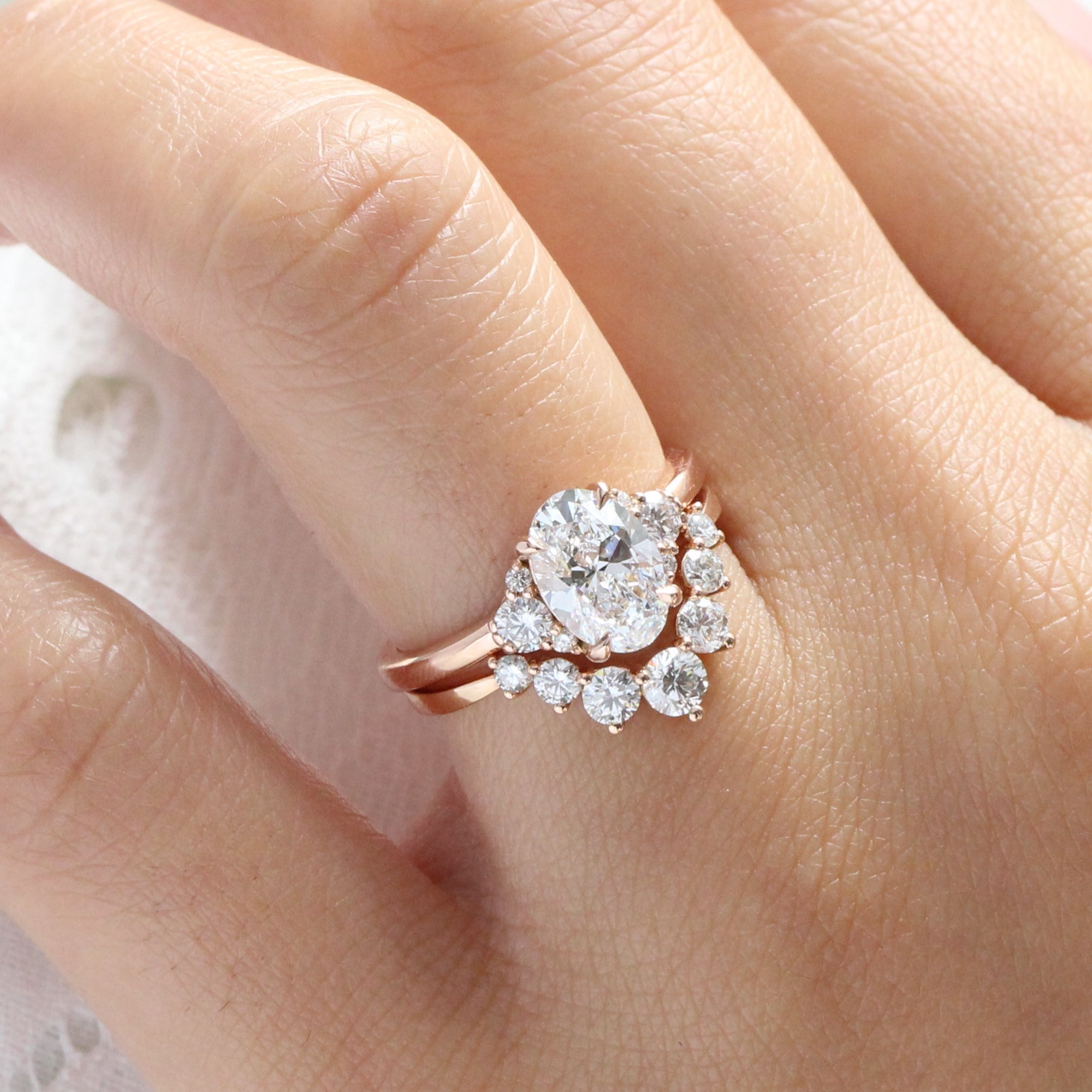 large oval lab diamond 3 stone ring bridal set rose gold curved diamond ring stack la more design jewelry