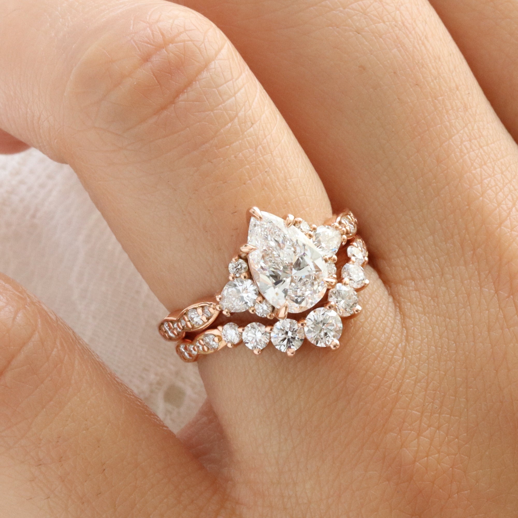 large pear lab diamond 3 stone ring stack rose gold contour diamond ring bridal set la more design jewelry