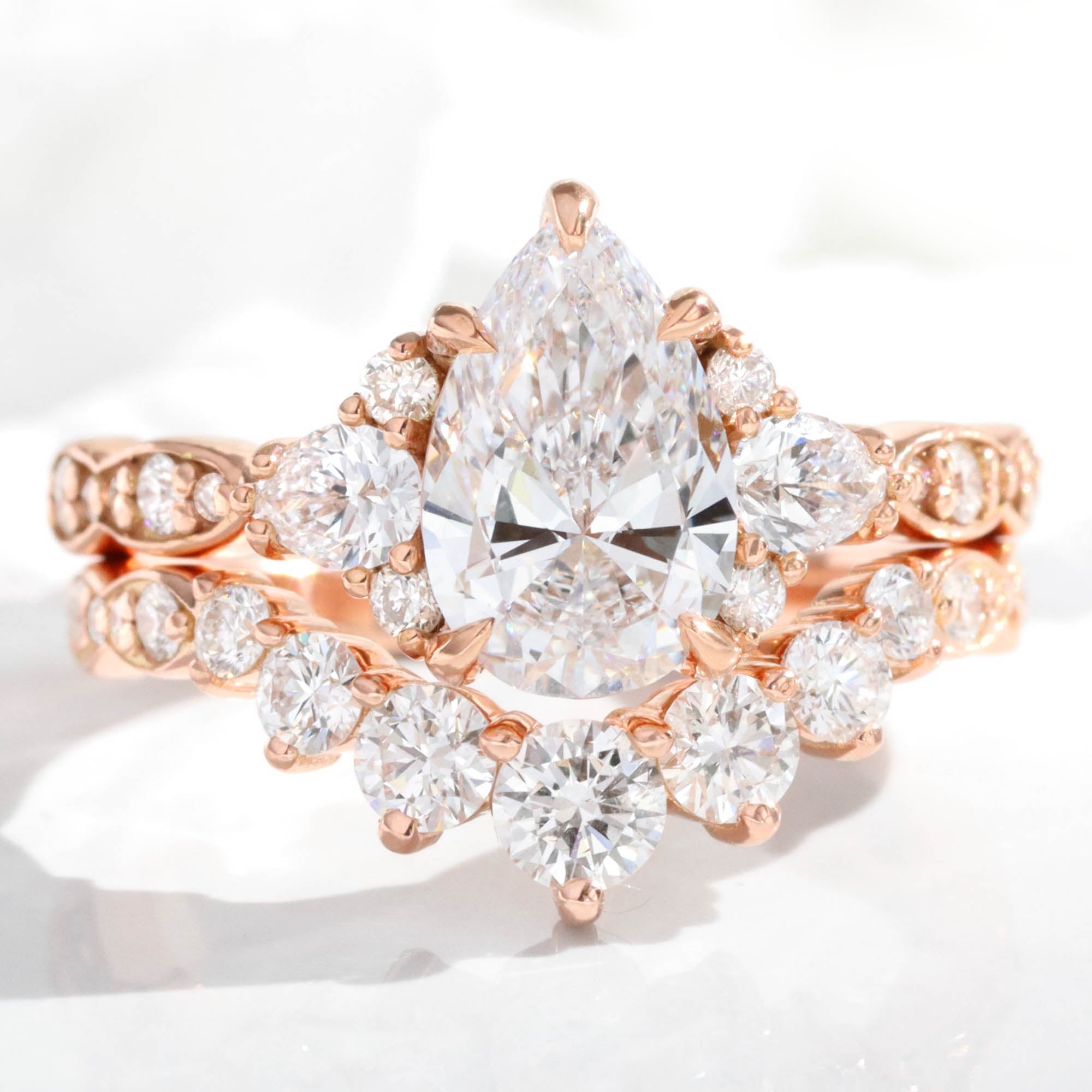 large pear lab diamond 3 stone ring stack rose gold contour diamond ring bridal set la more design jewelry