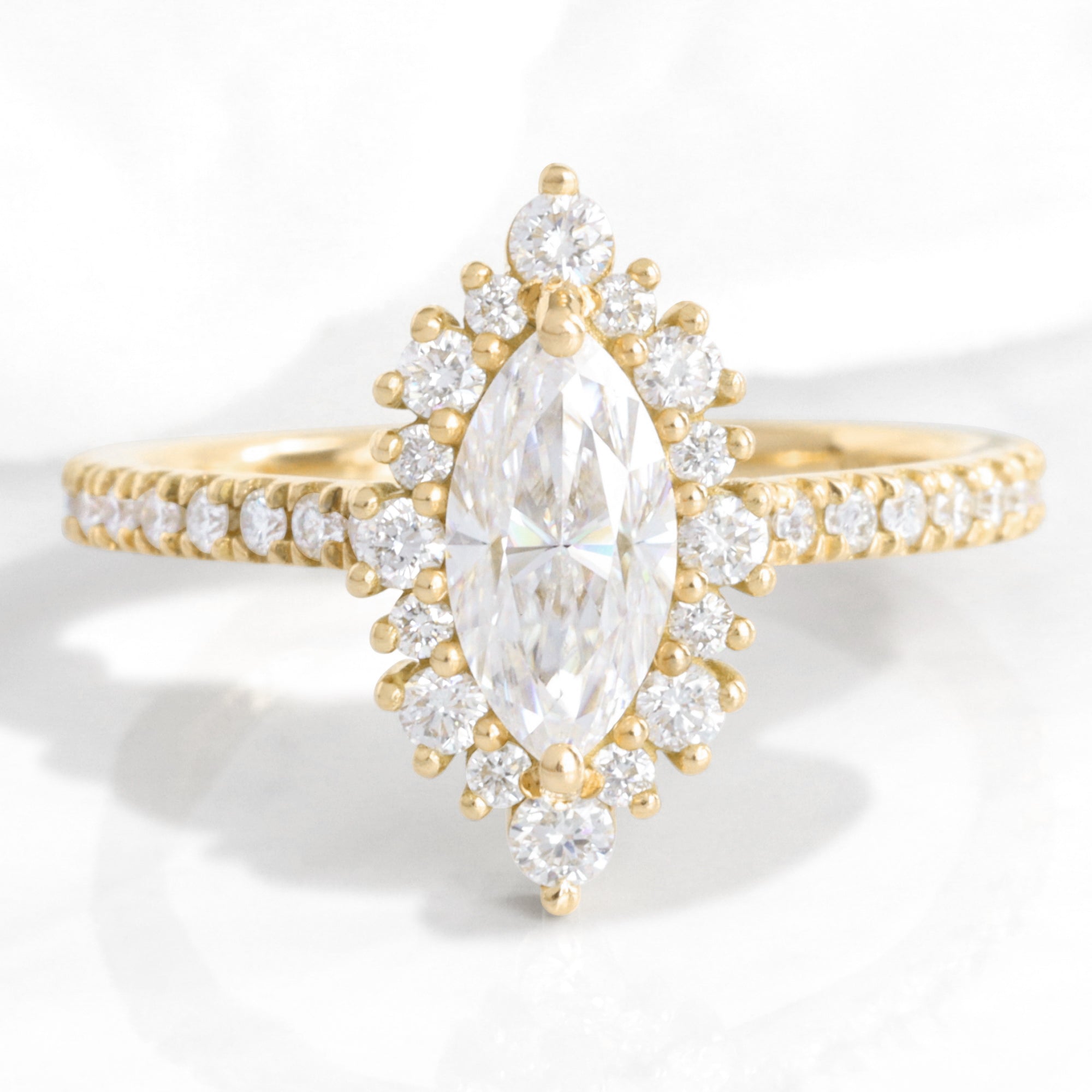 marquise moissanite ring pave diamond yellow gold tiara halo diamond moissanite engagement ring la more design jewelry