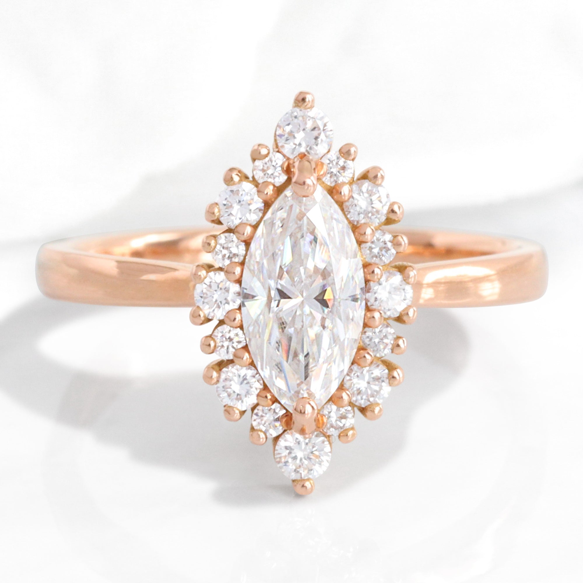 marquise moissanite ring rose gold tiara halo diamond moissanite engagement ring la more design jewelry