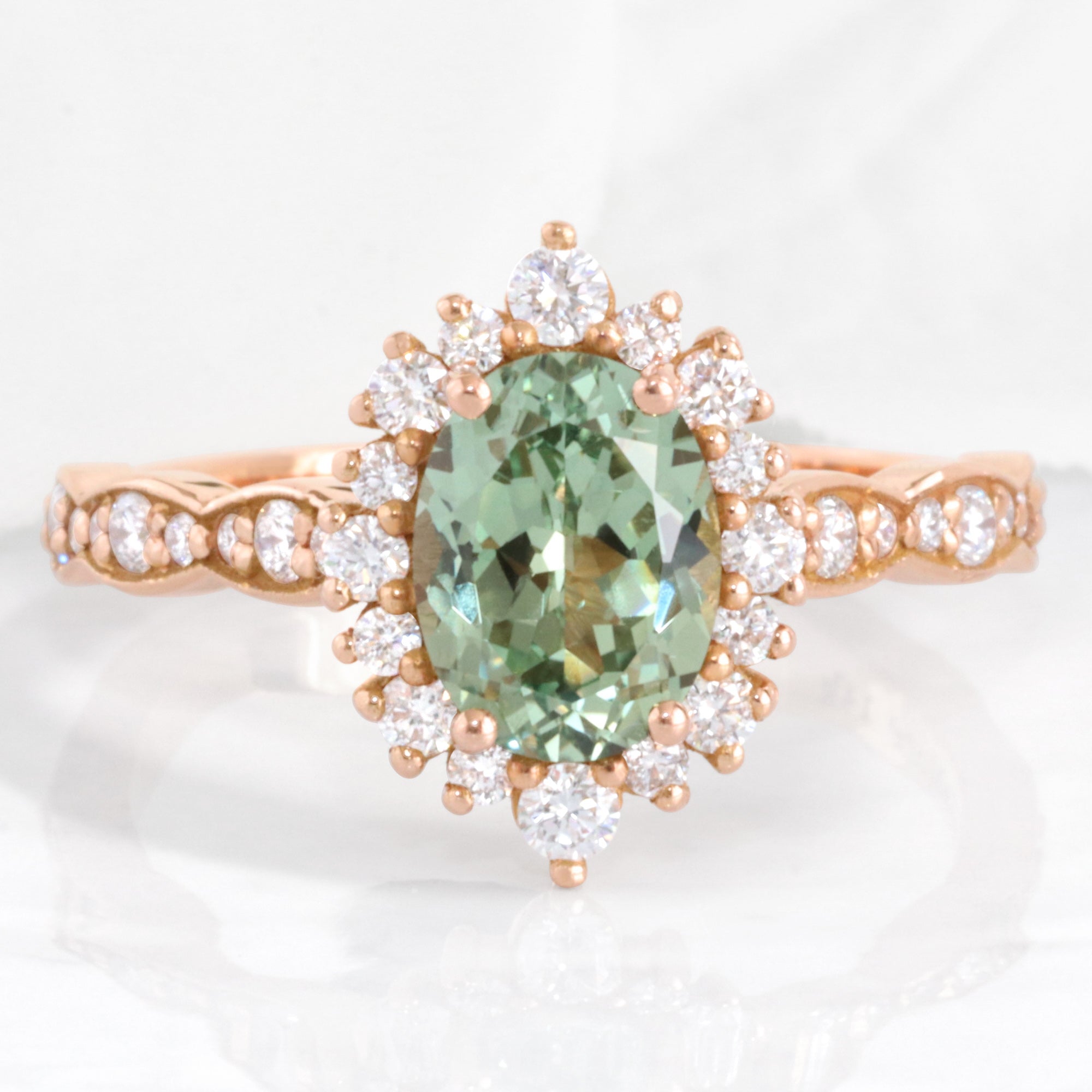 oval green sapphire engagement ring rose gold halo diamond sapphire cluster ring la more design jewelry