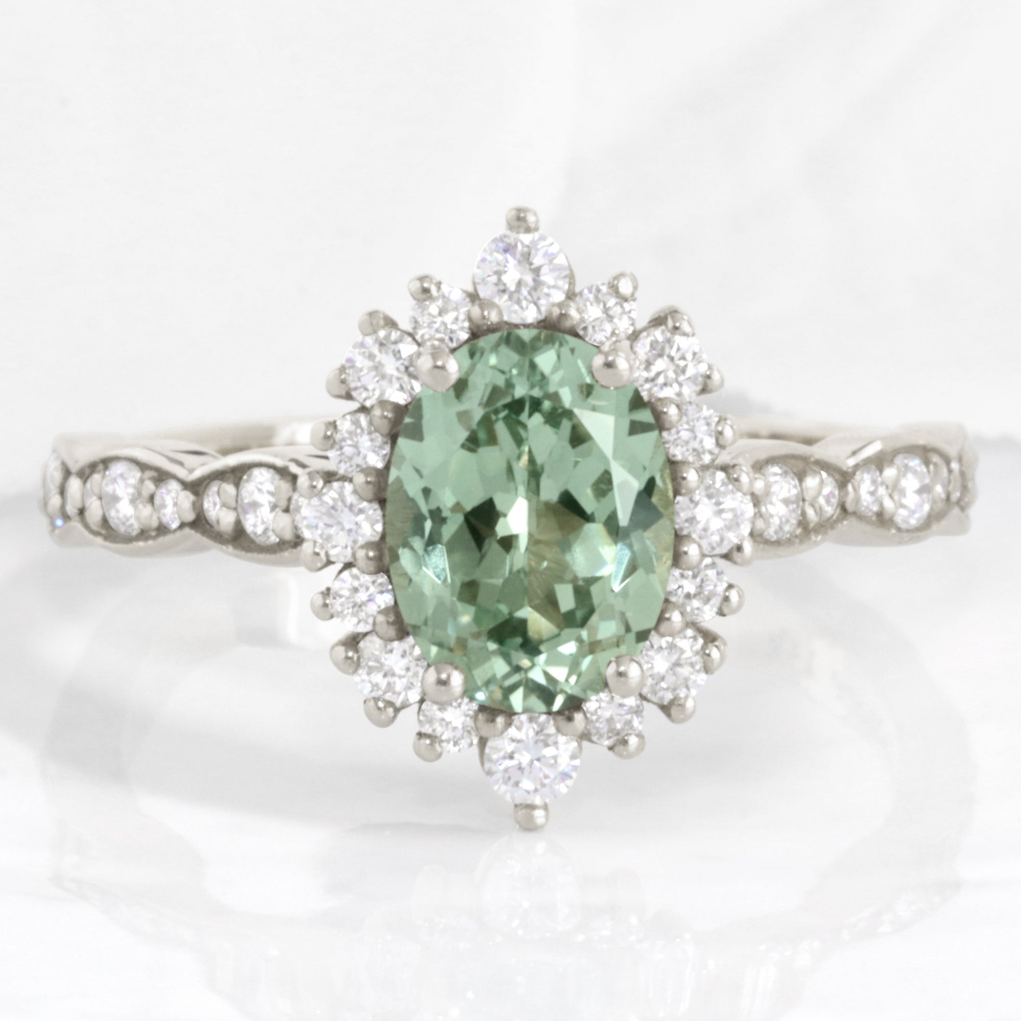 oval green sapphire engagement ring white gold halo diamond sapphire cluster ring la more design jewelry