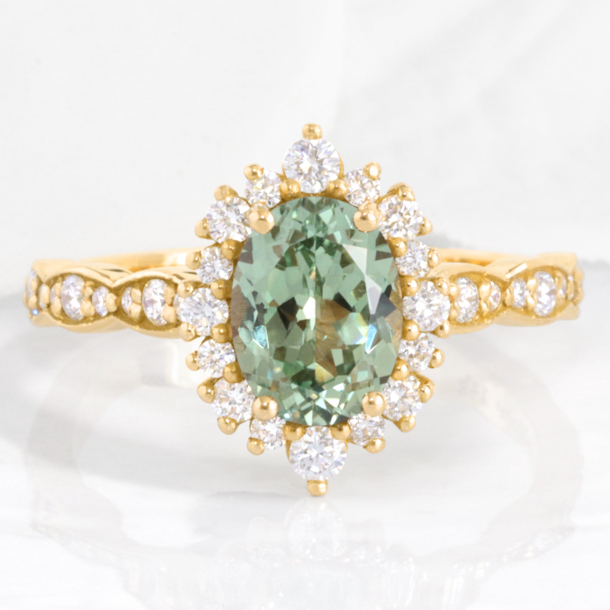 oval green sapphire engagement ring yellow gold halo diamond sapphire cluster ring la more design jewelry