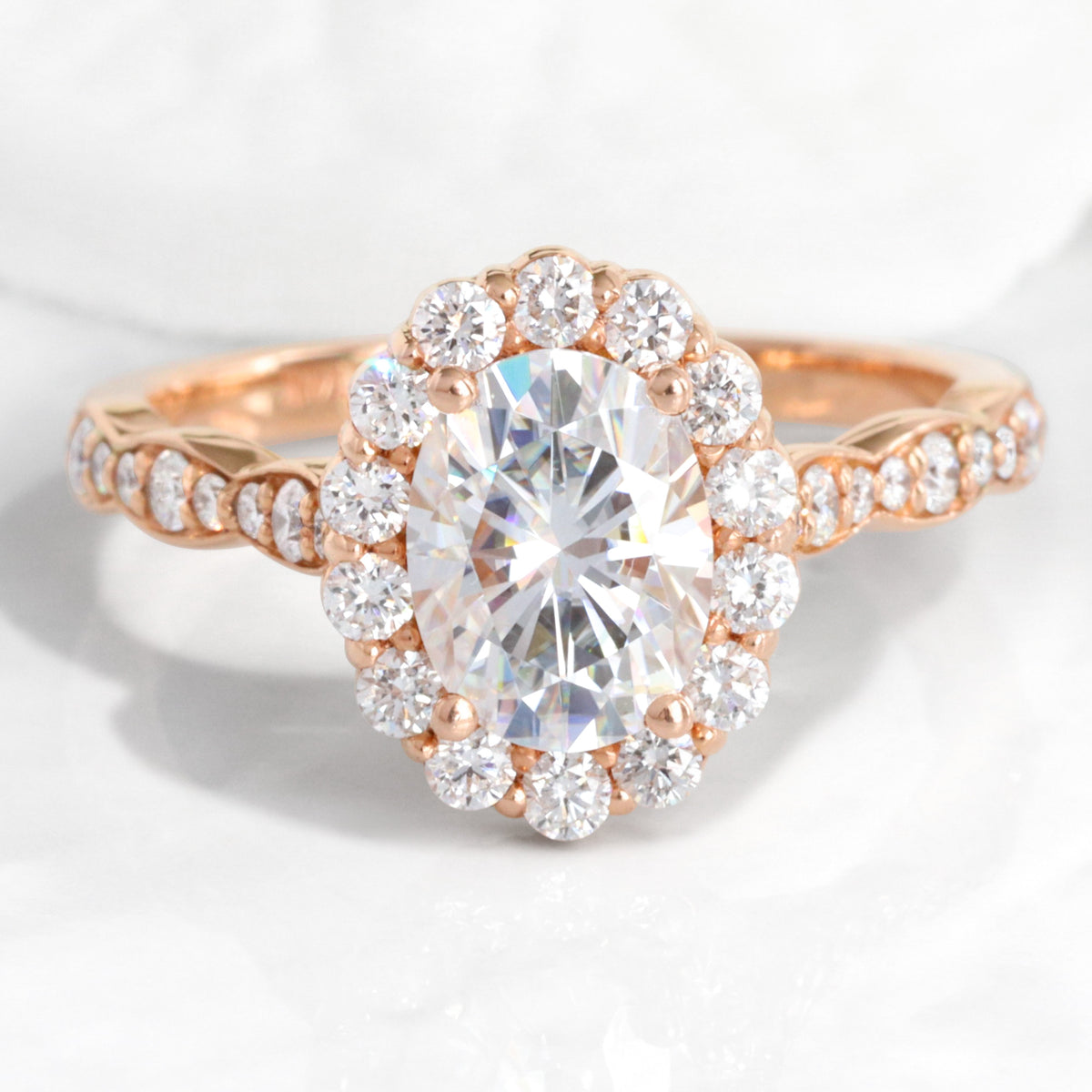 oval moissanite engagement ring rose gold halo diamond moissanite ring la more design jewelry