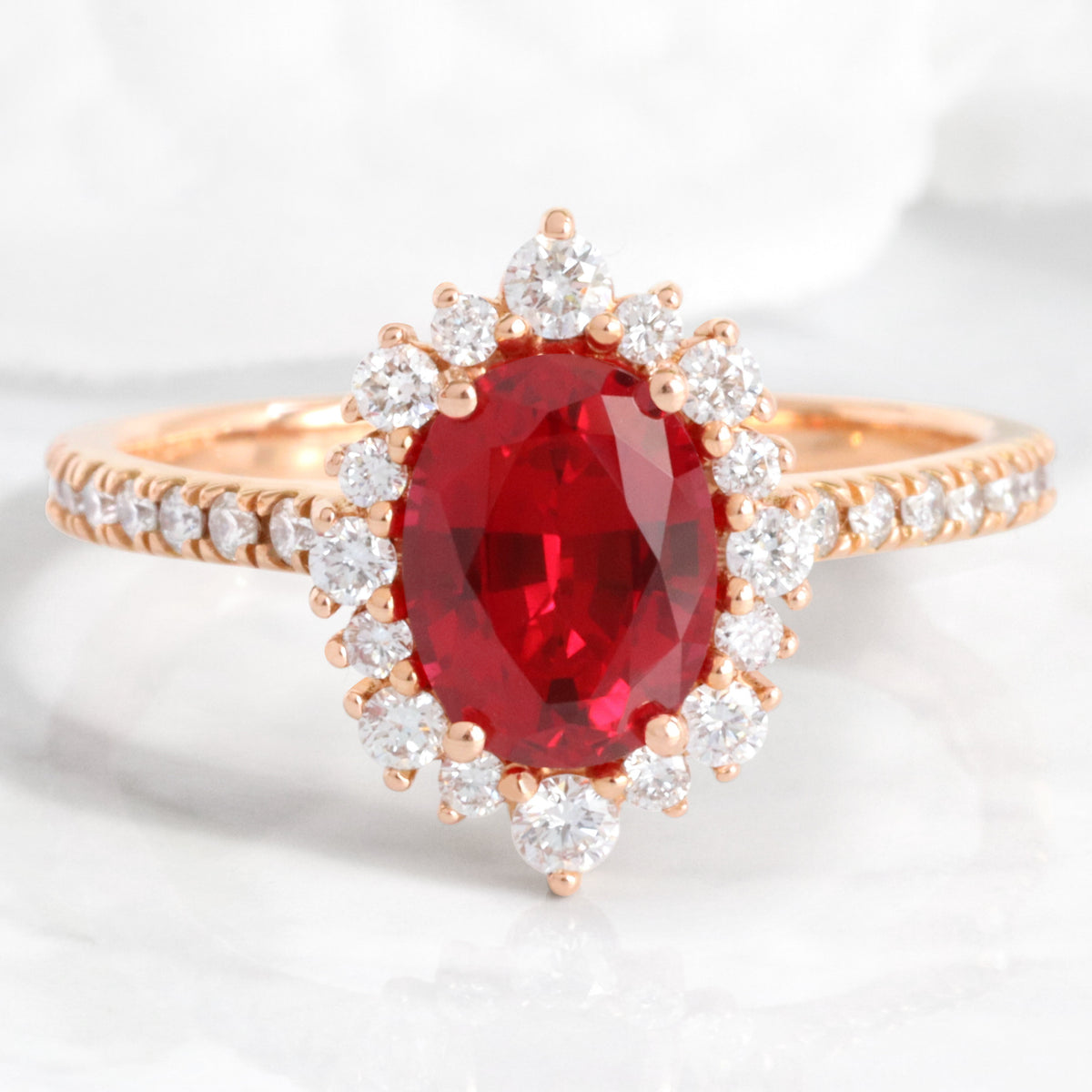 oval ruby engagement ring rose gold halo diamond ring ruby cluster ring by la more design jewelry