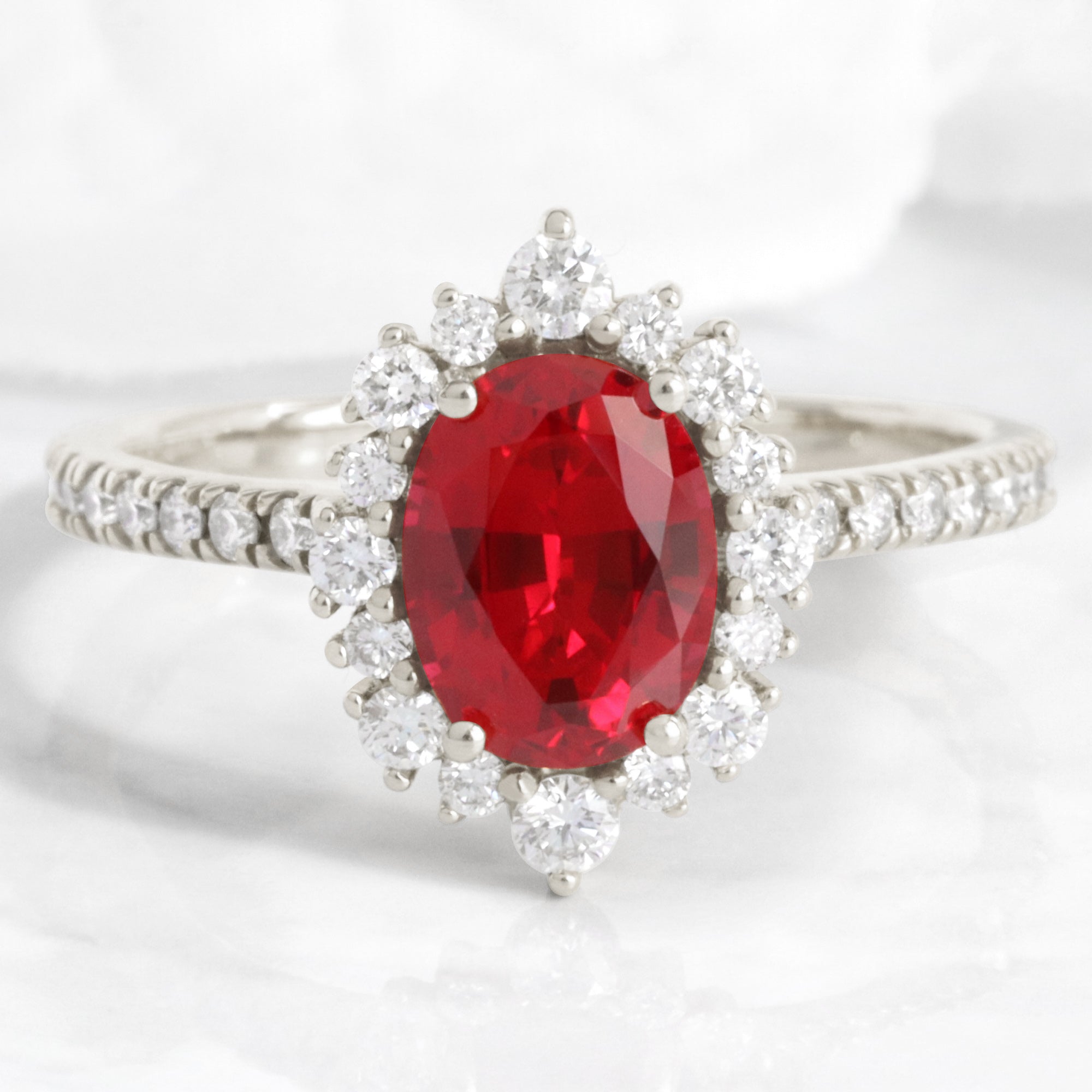 oval ruby engagement ring white gold halo diamond ring ruby cluster ring by la more design jewelry