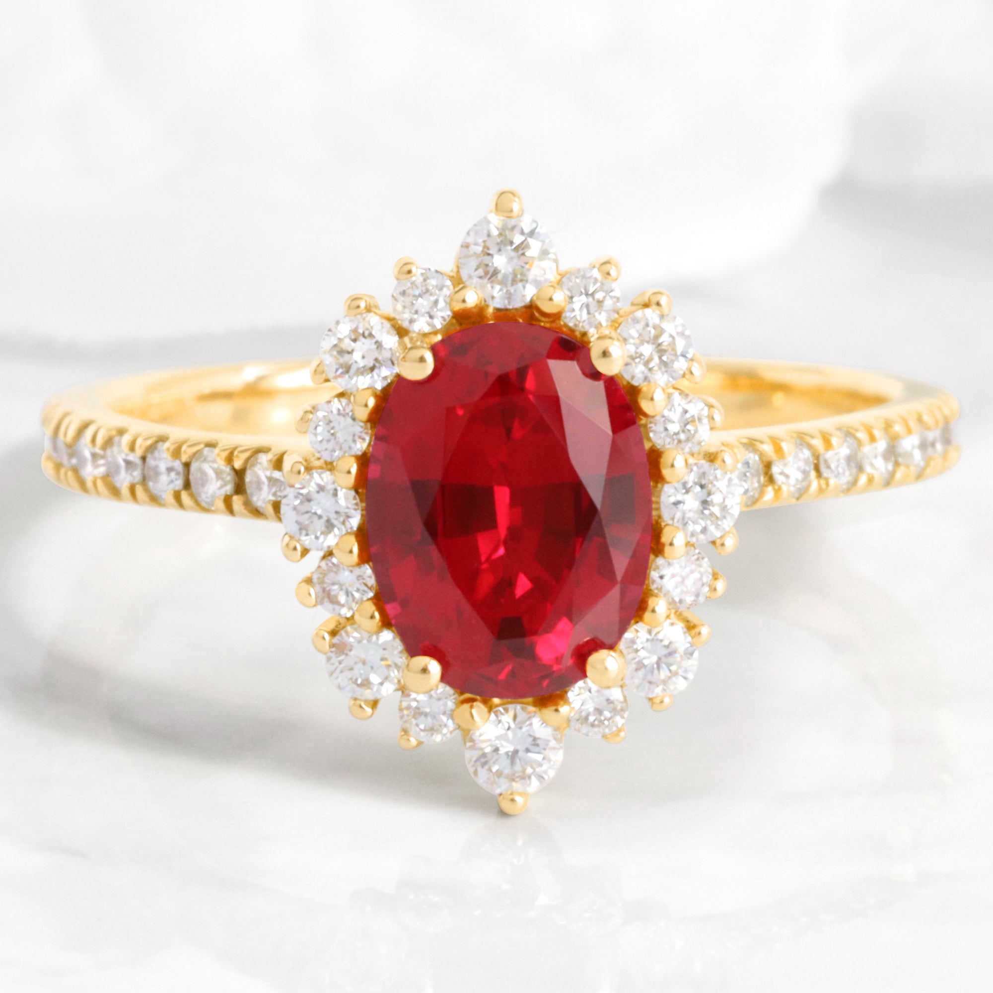 oval ruby engagement ring yellow gold halo diamond ring ruby cluster ring by la more design jewelry