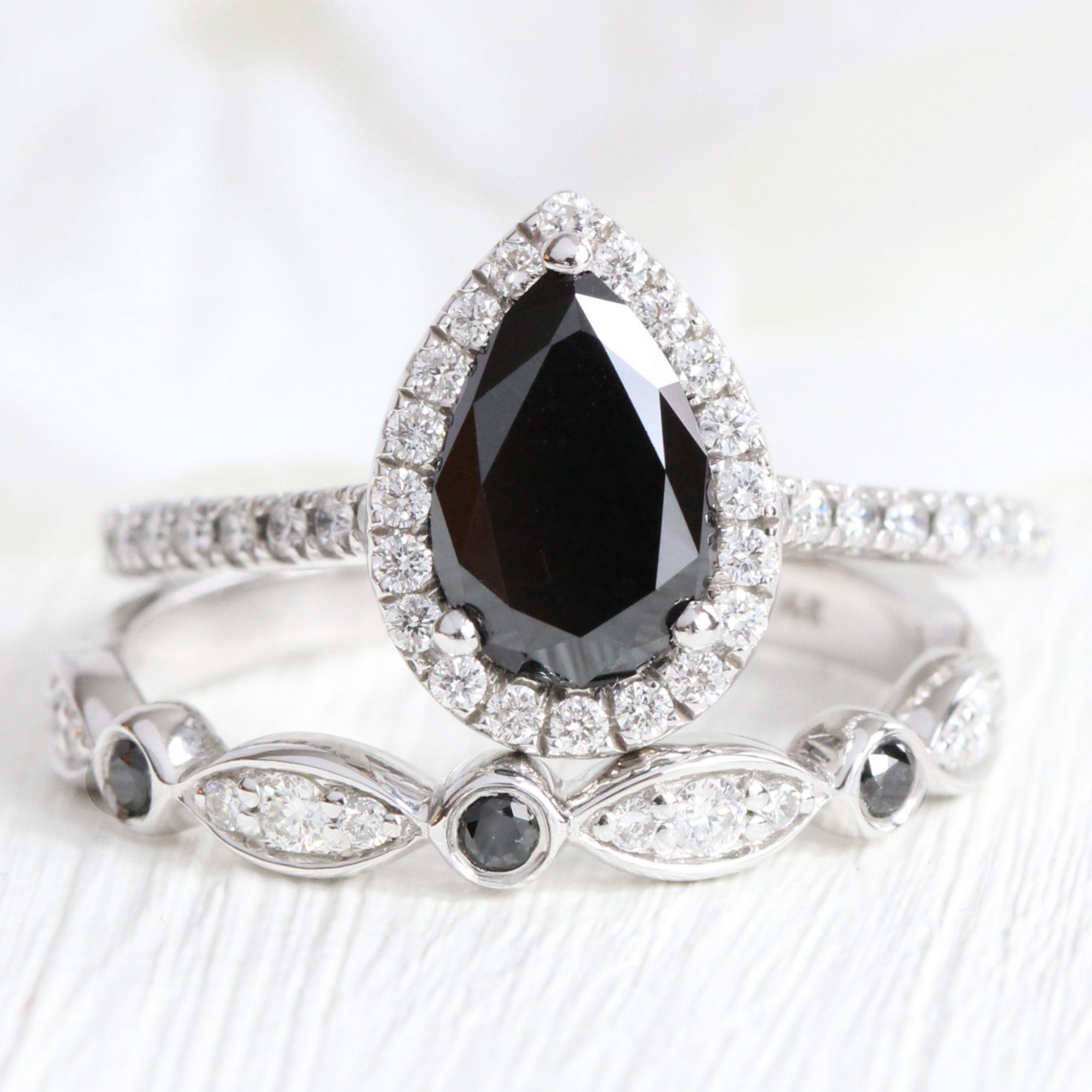 pear black diamond engagement ring in white gold halo diamond ring bridal set by la more design jewelry