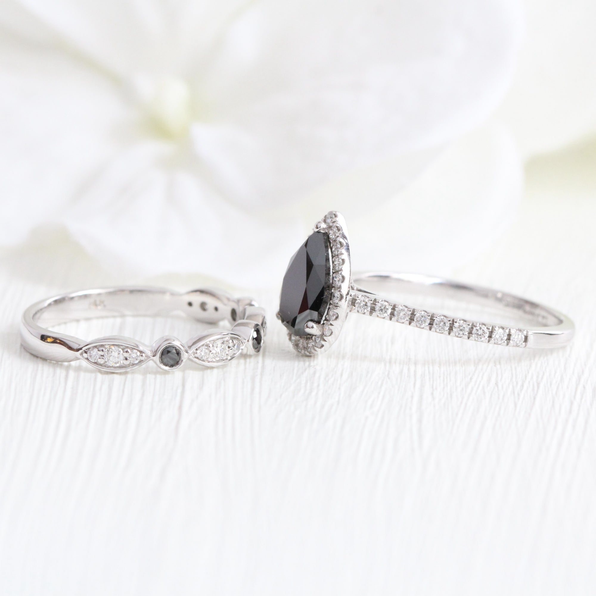 pear black diamond engagement ring in white gold halo diamond ring bridal set by la more design jewelry