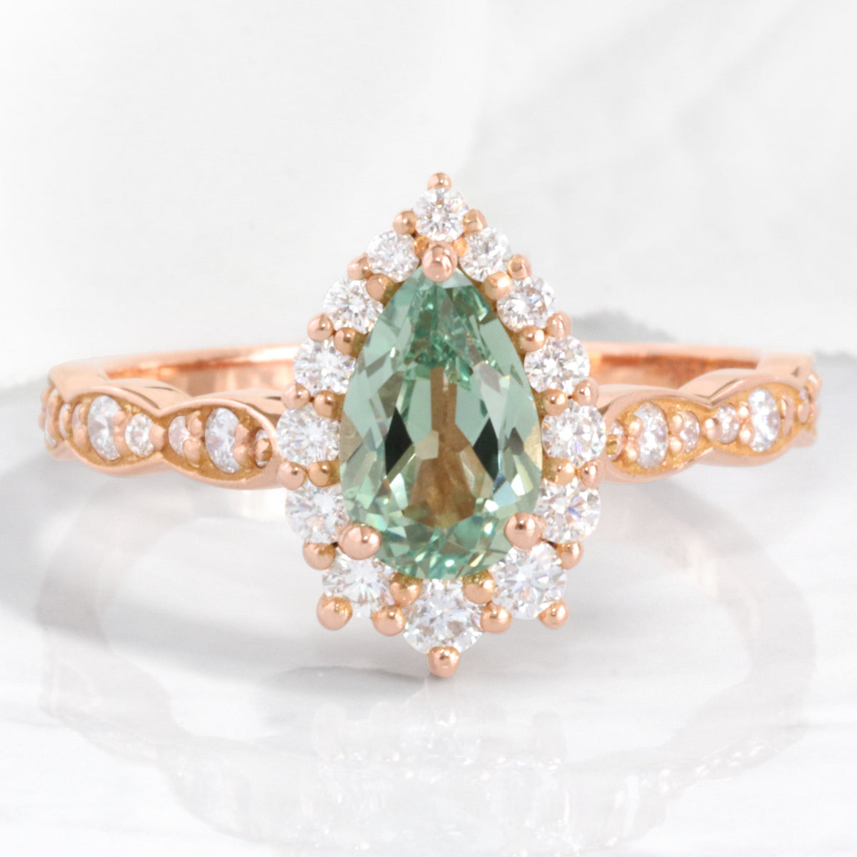 pear green sapphire engagement ring rose gold halo diamond sapphire cluster ring la more design jewelry