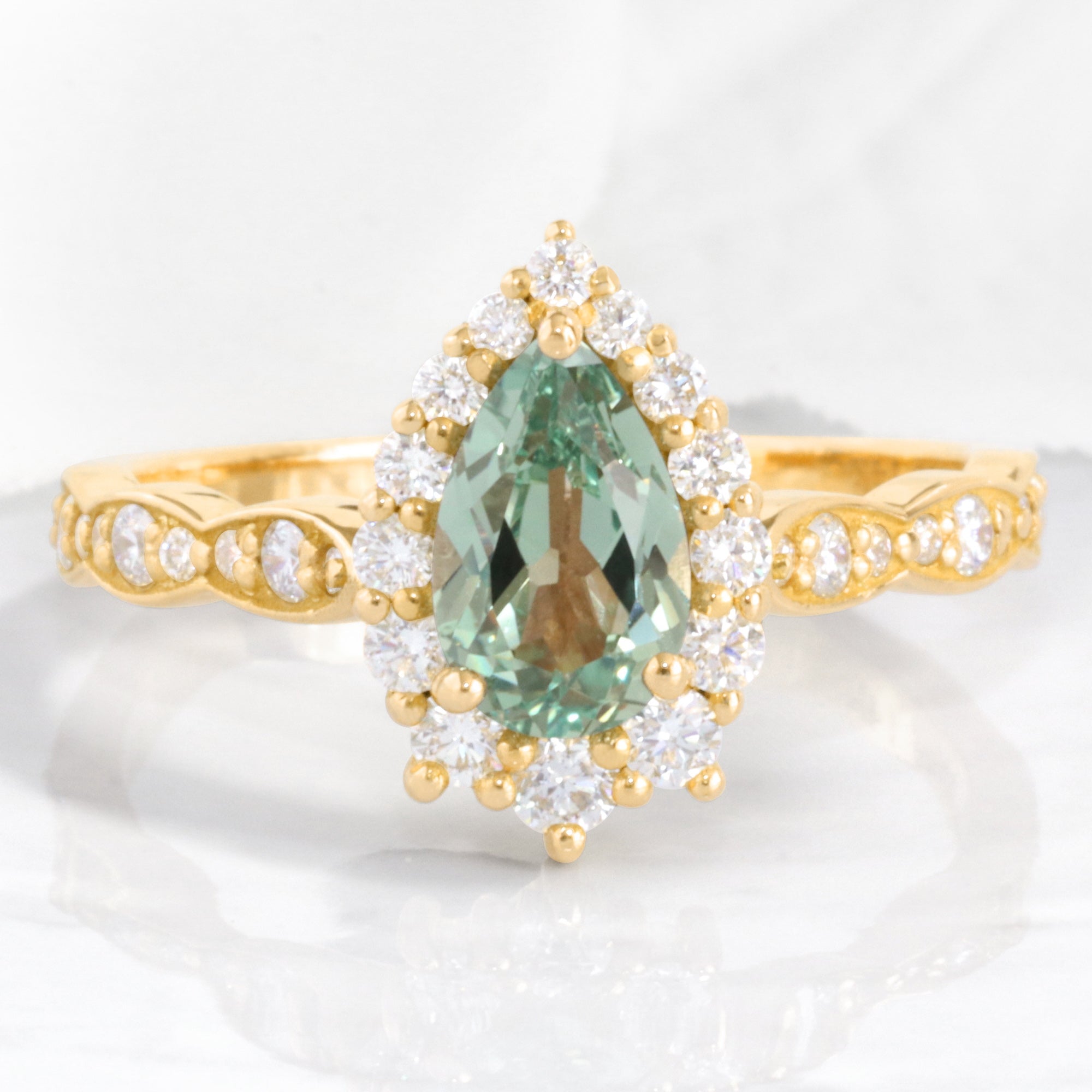 pear green sapphire engagement ring yellow gold halo diamond sapphire cluster ring la more design jewelry