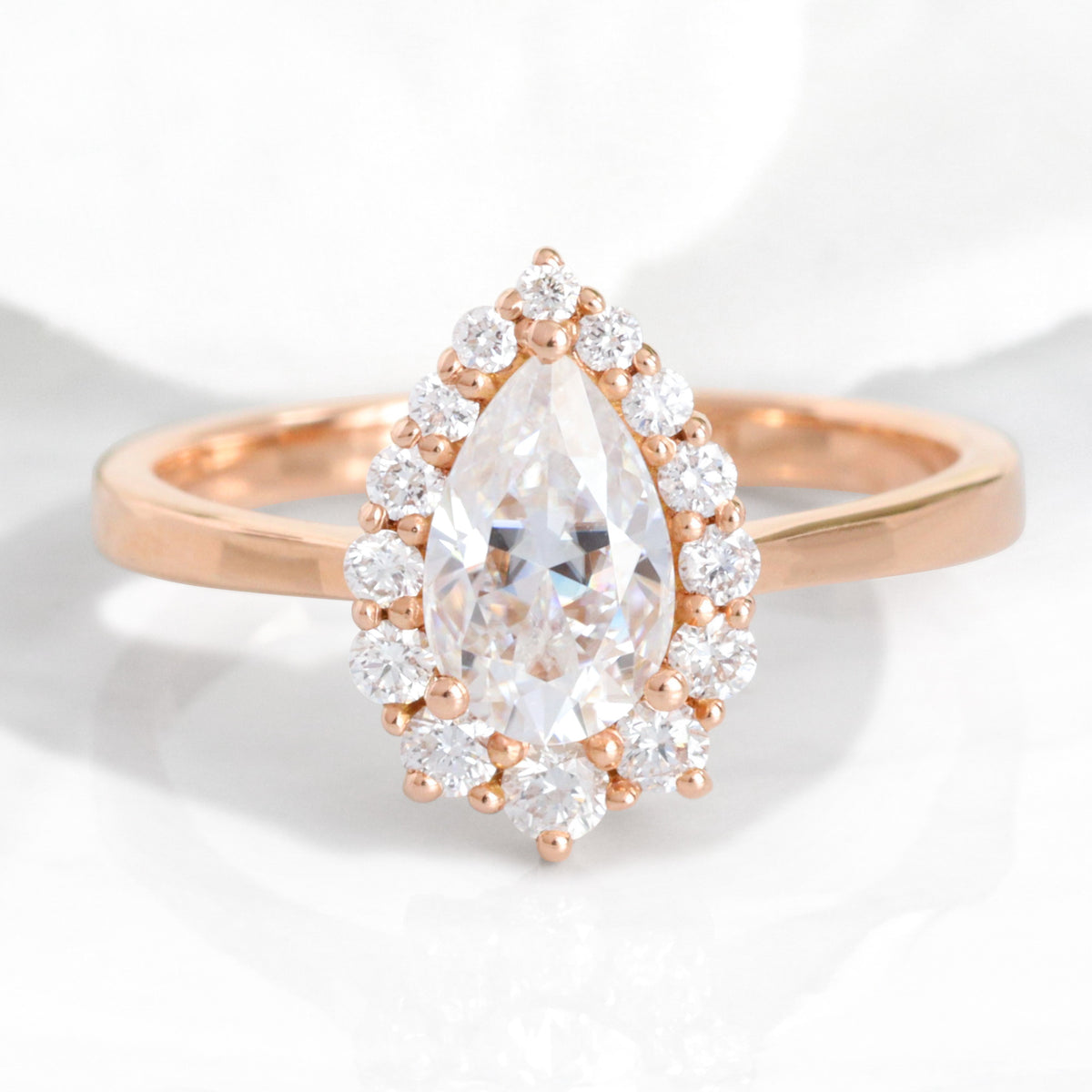 pear moissanite engagement ring rose gold halo diamond moissanite ring cluster ring la more design jewelry