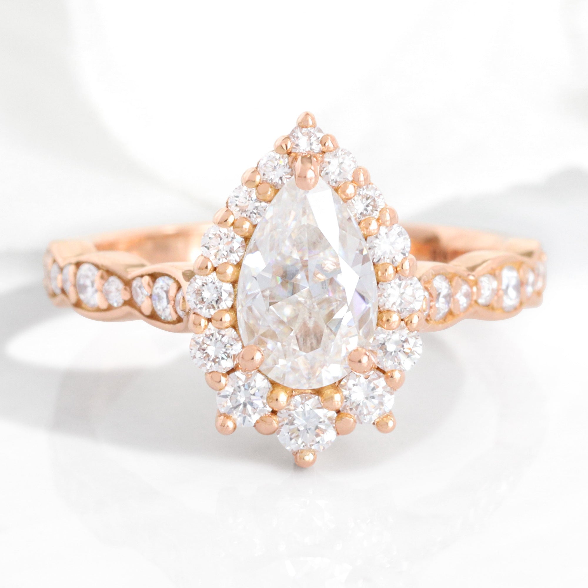 Pear Moissanite Engagement Ring Rose Gold Halo Diamond Cluster 