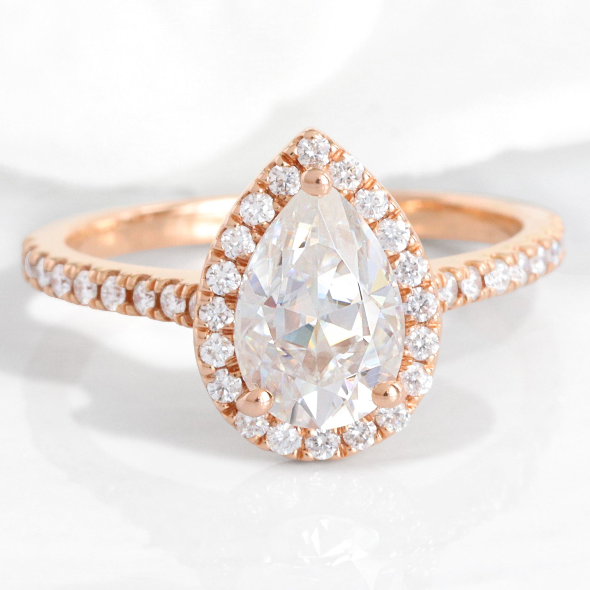 pear moissanite engagement ring rose gold halo diamond moissanite ring la more design jewelry