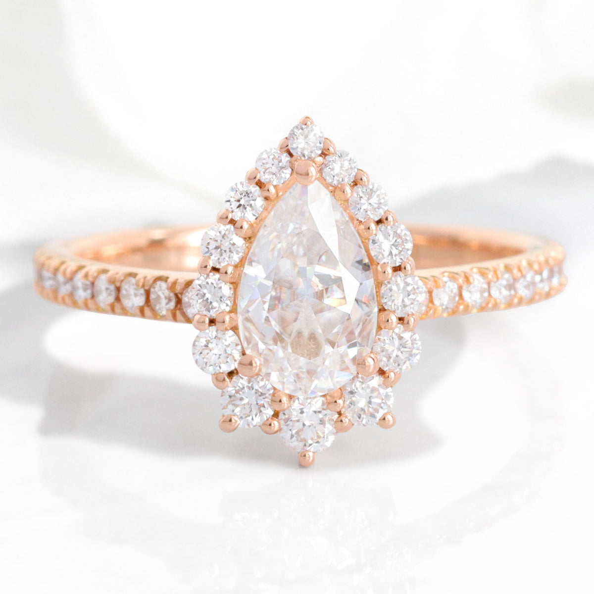 pear moissanite engagement ring rose gold halo diamond moissanite ring pave band la more design jewelry