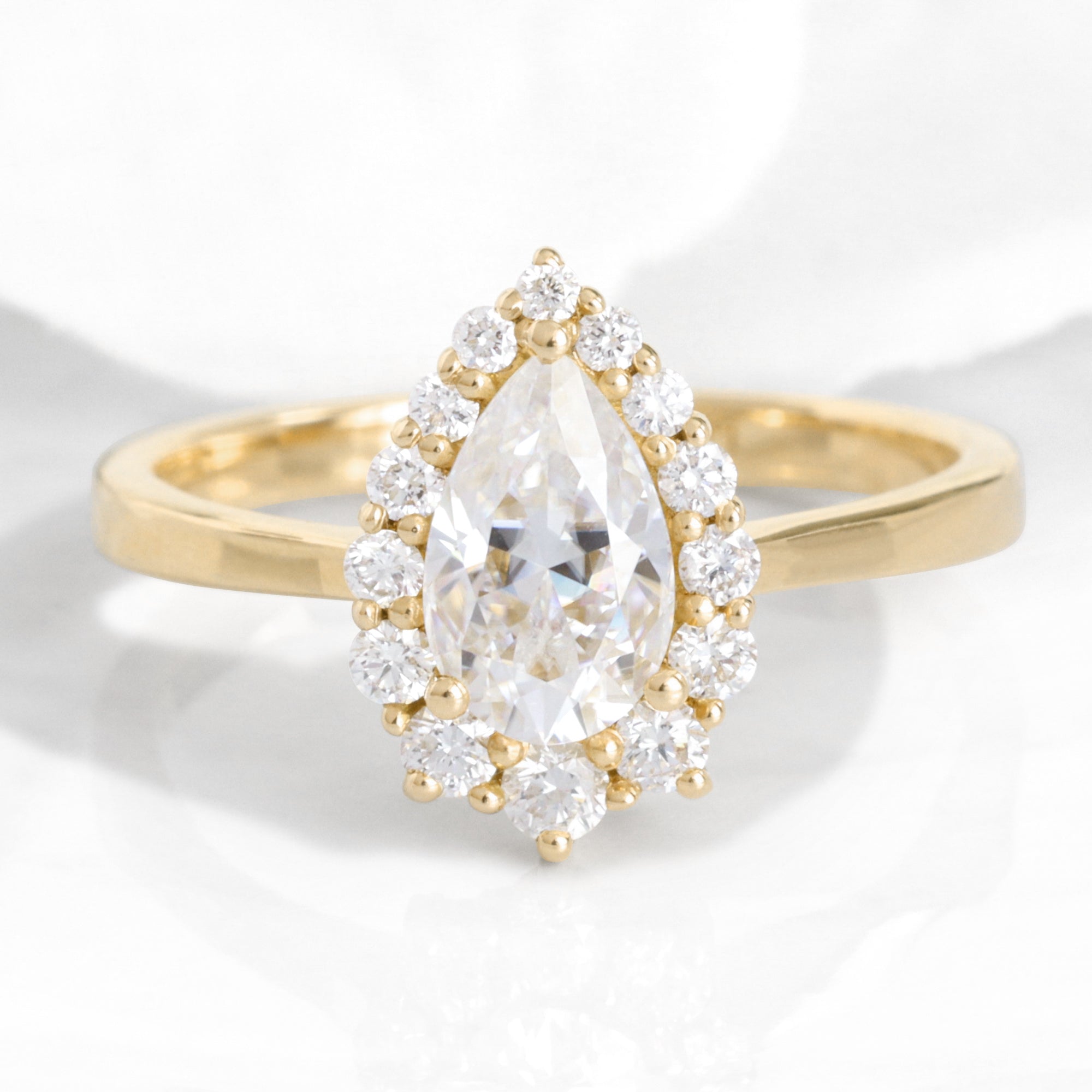 pear moissanite engagement ring yellow gold halo diamond moissanite ring cluster ring la more design jewelry