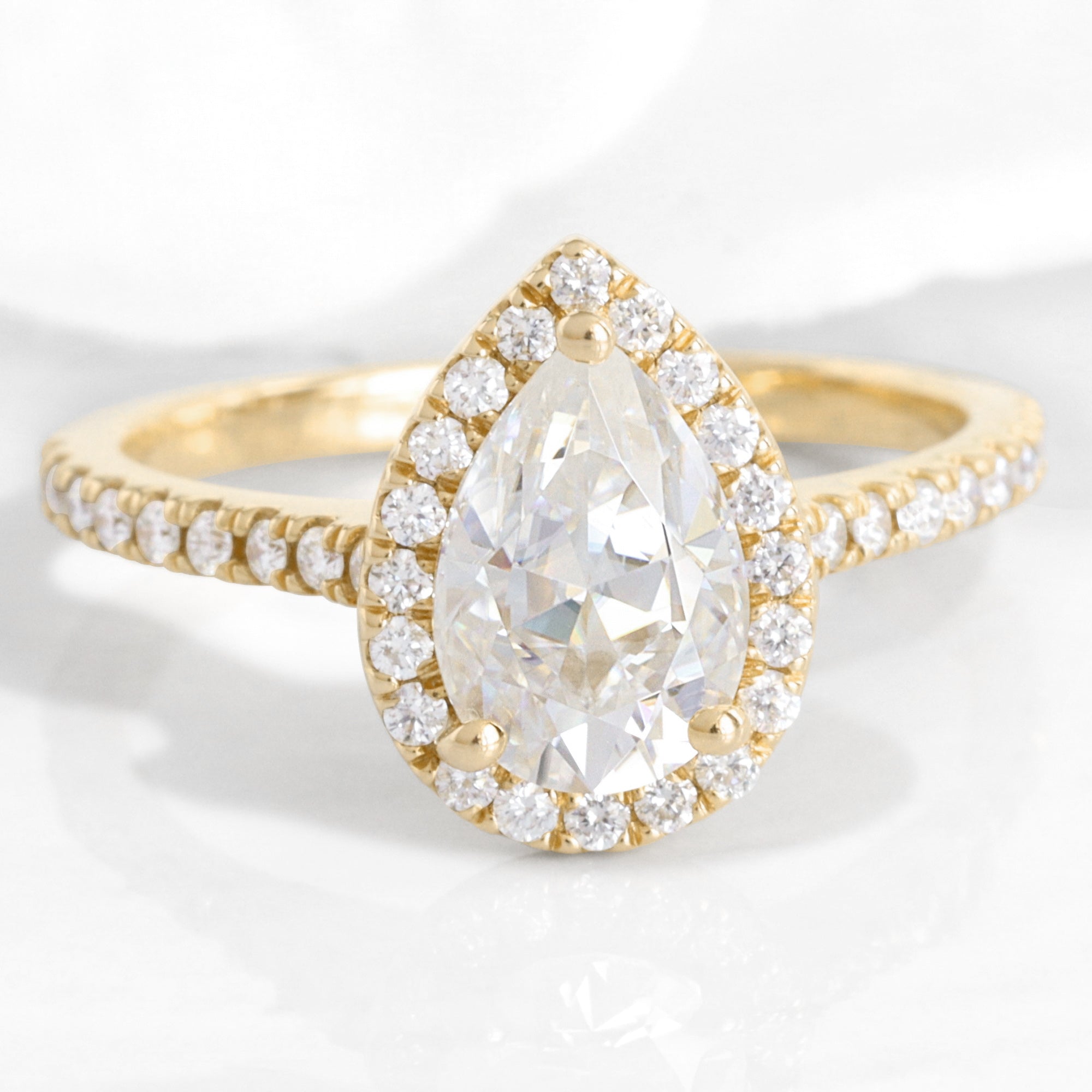 pear moissanite engagement ring yellow gold halo diamond moissanite ring la more design jewelry