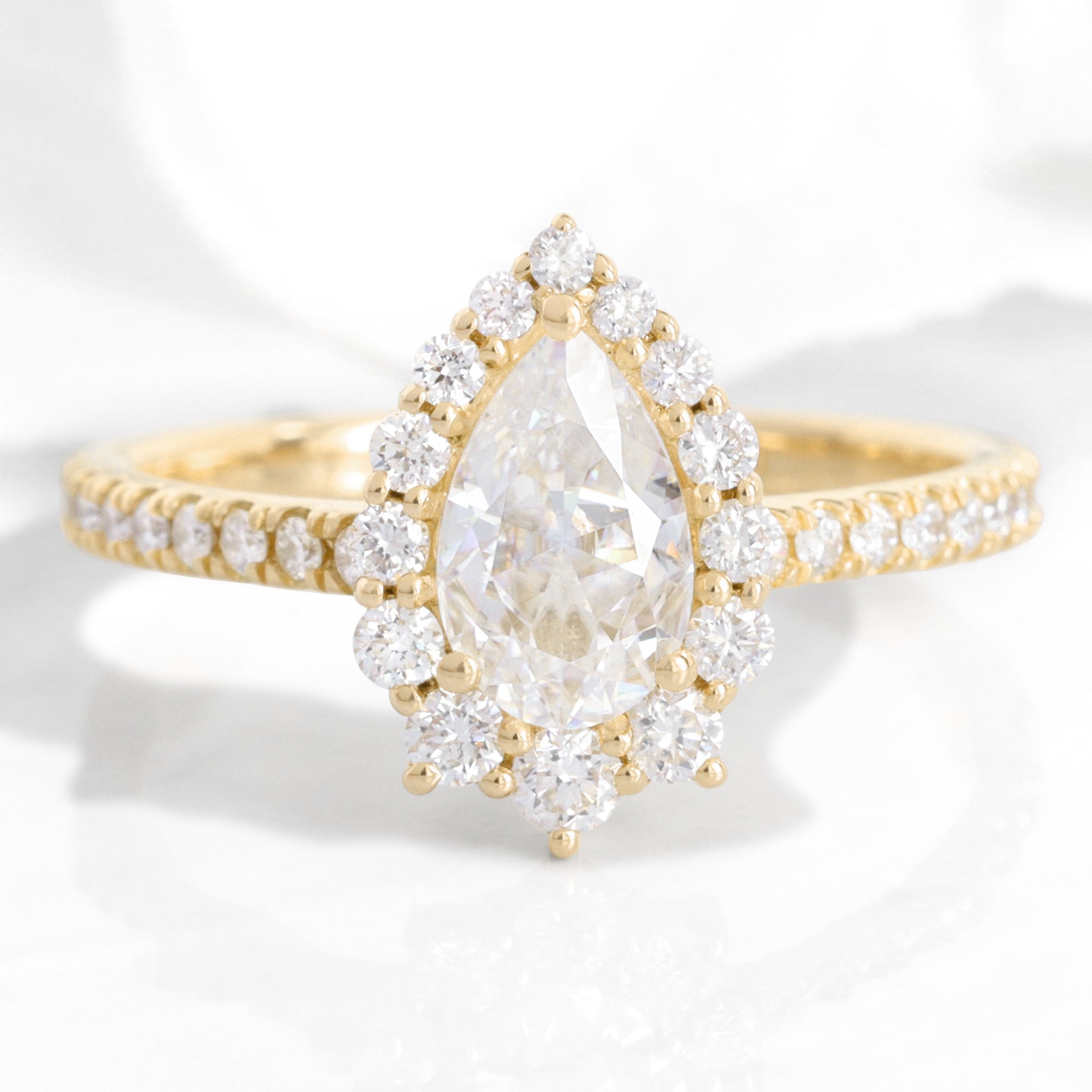 pear moissanite engagement ring yellow gold halo diamond moissanite ring pave band la more design jewelry