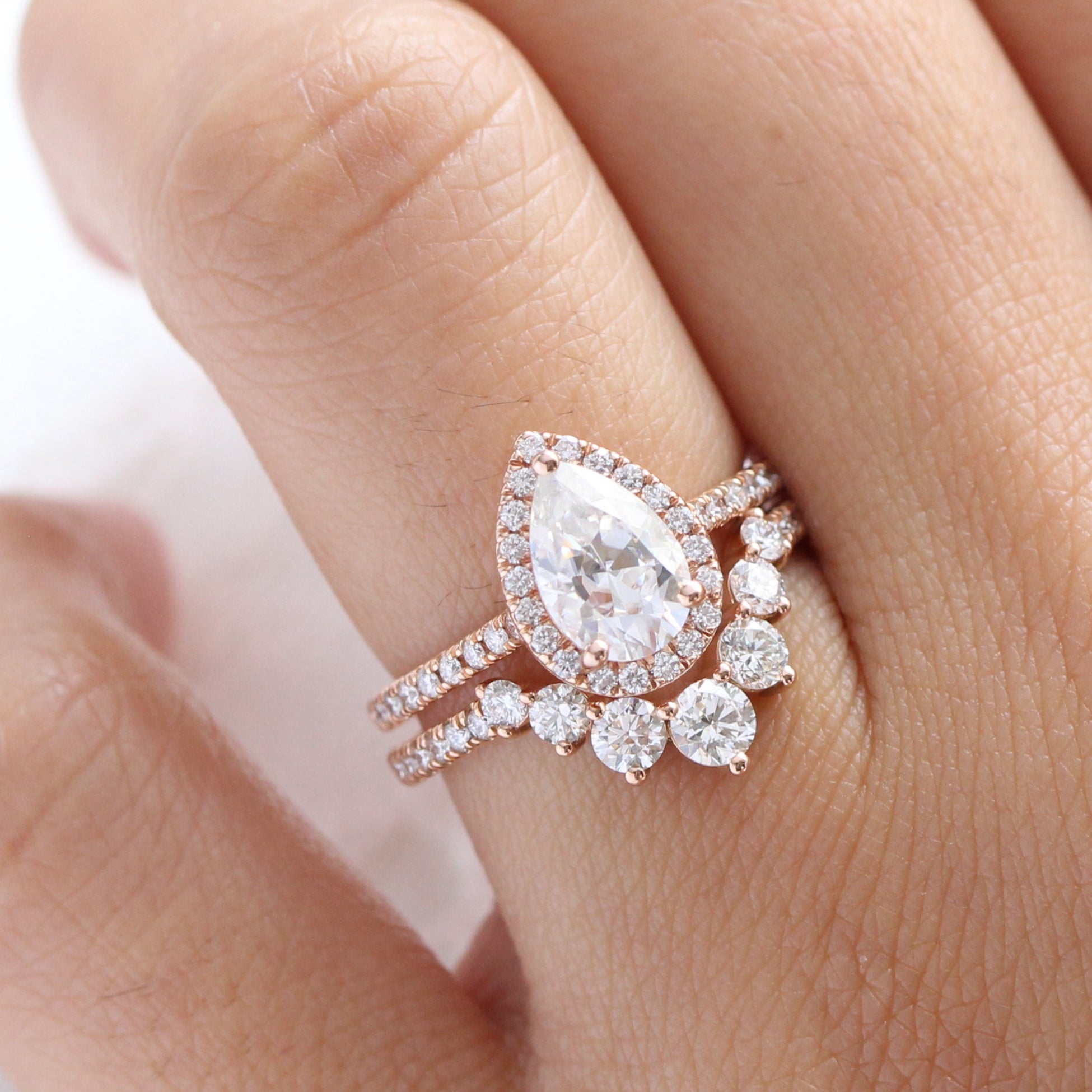 pear moissanite ring bridal set rose gold halo diamond moissanite ring stack la more design jewelry