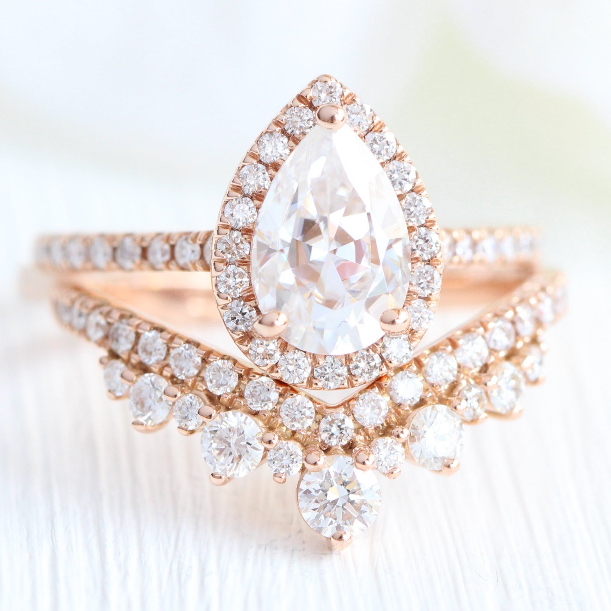 pear moissanite ring bridal set rose gold halo diamond moissanite ring stack la more design jewelry