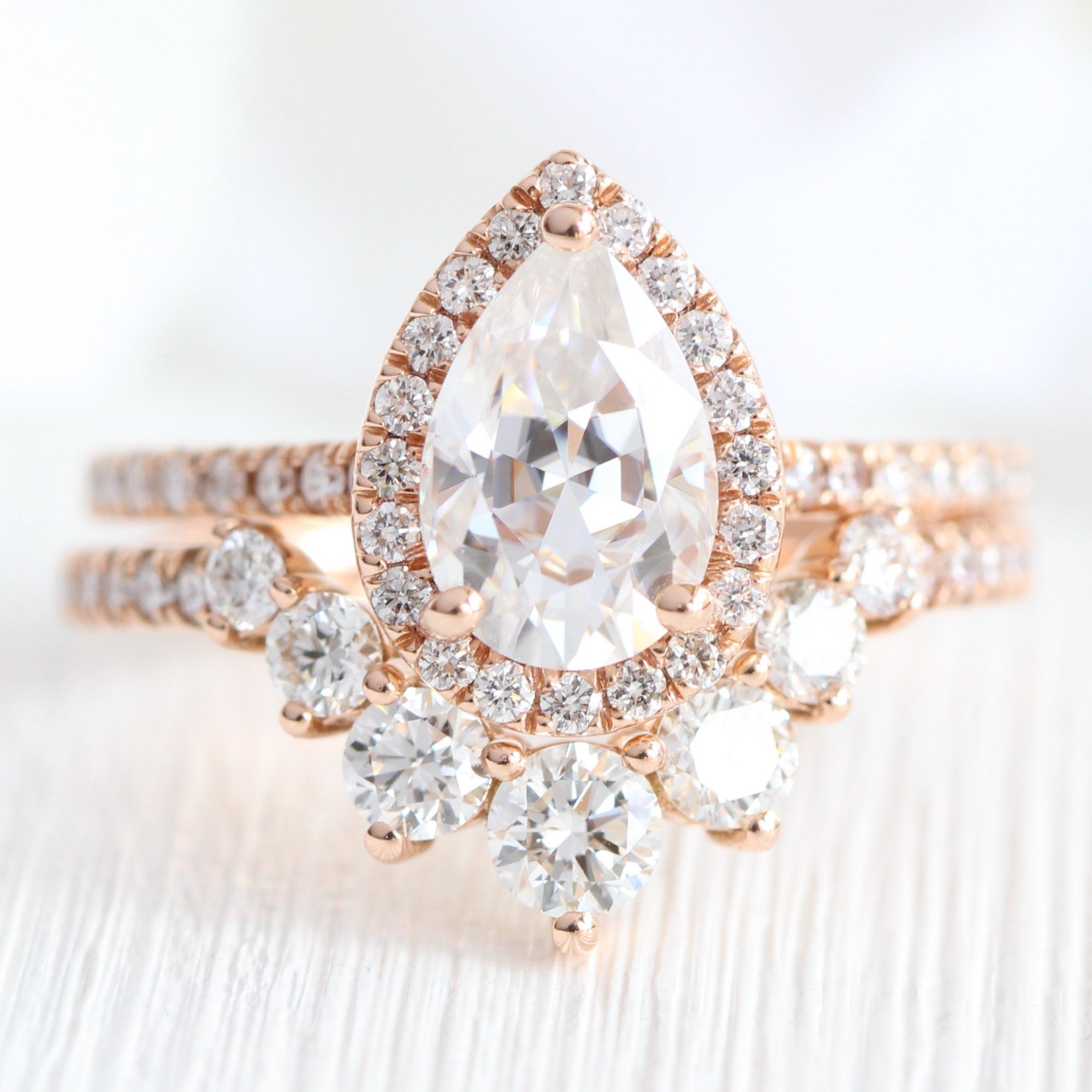 pear moissanite ring bridal set rose gold halo diamond moissanite ring stack la more design jewelry